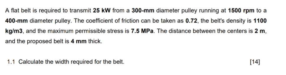 A flat belt is required to transmit 2 5 k W from