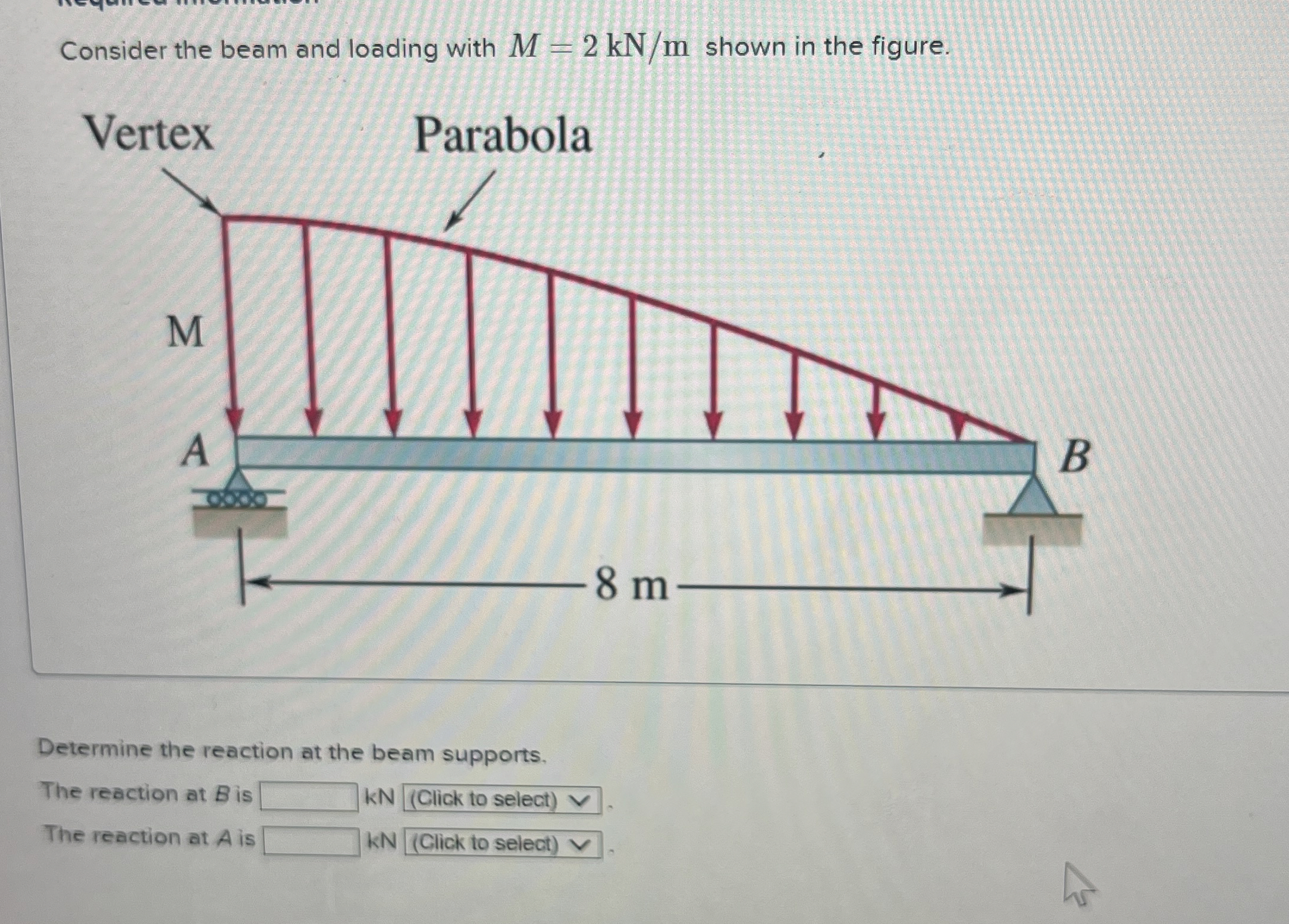 Consider the beam and loading with M = 2 k N m
