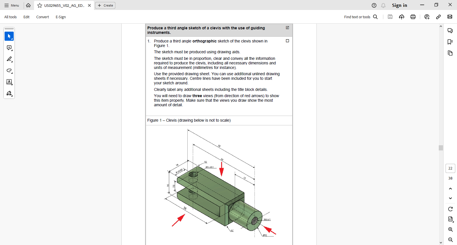 Produce a third angle sketch of a clevis with the