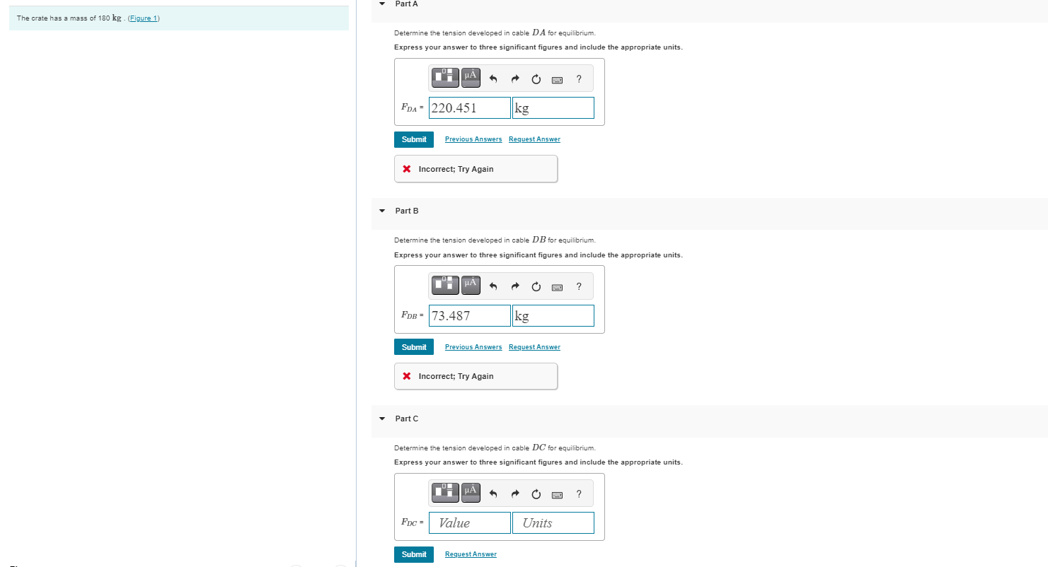 Determine the tension developed in cable D A for