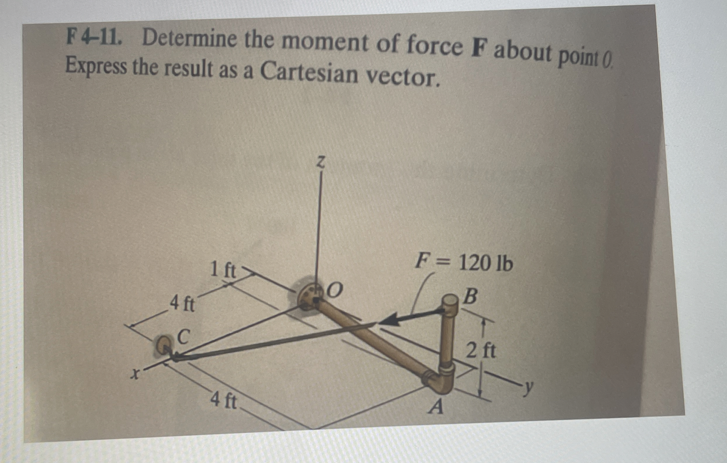 F 4 - 1 1 . Determine the moment of force F about