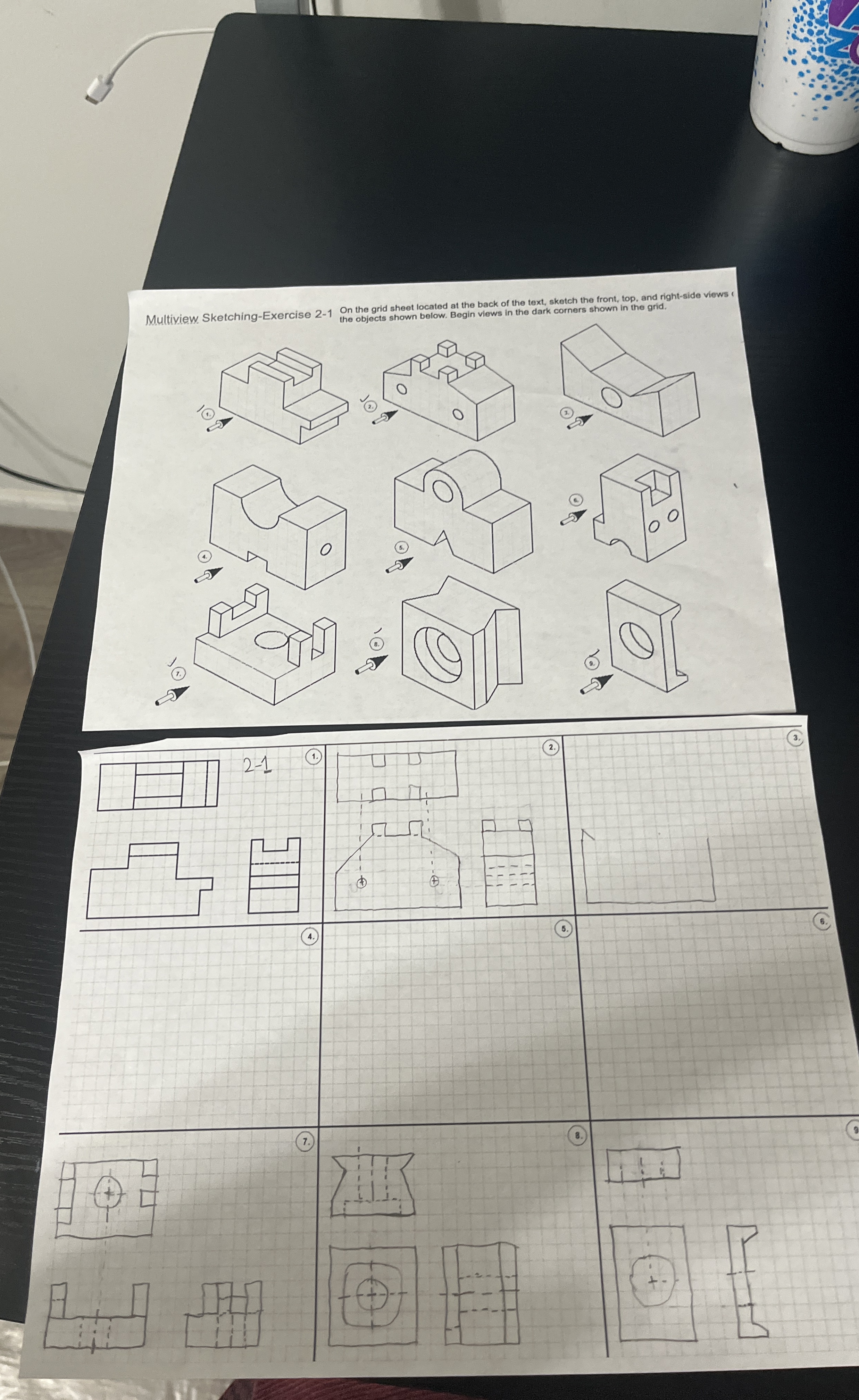 SKetch the front, top, and right side views of