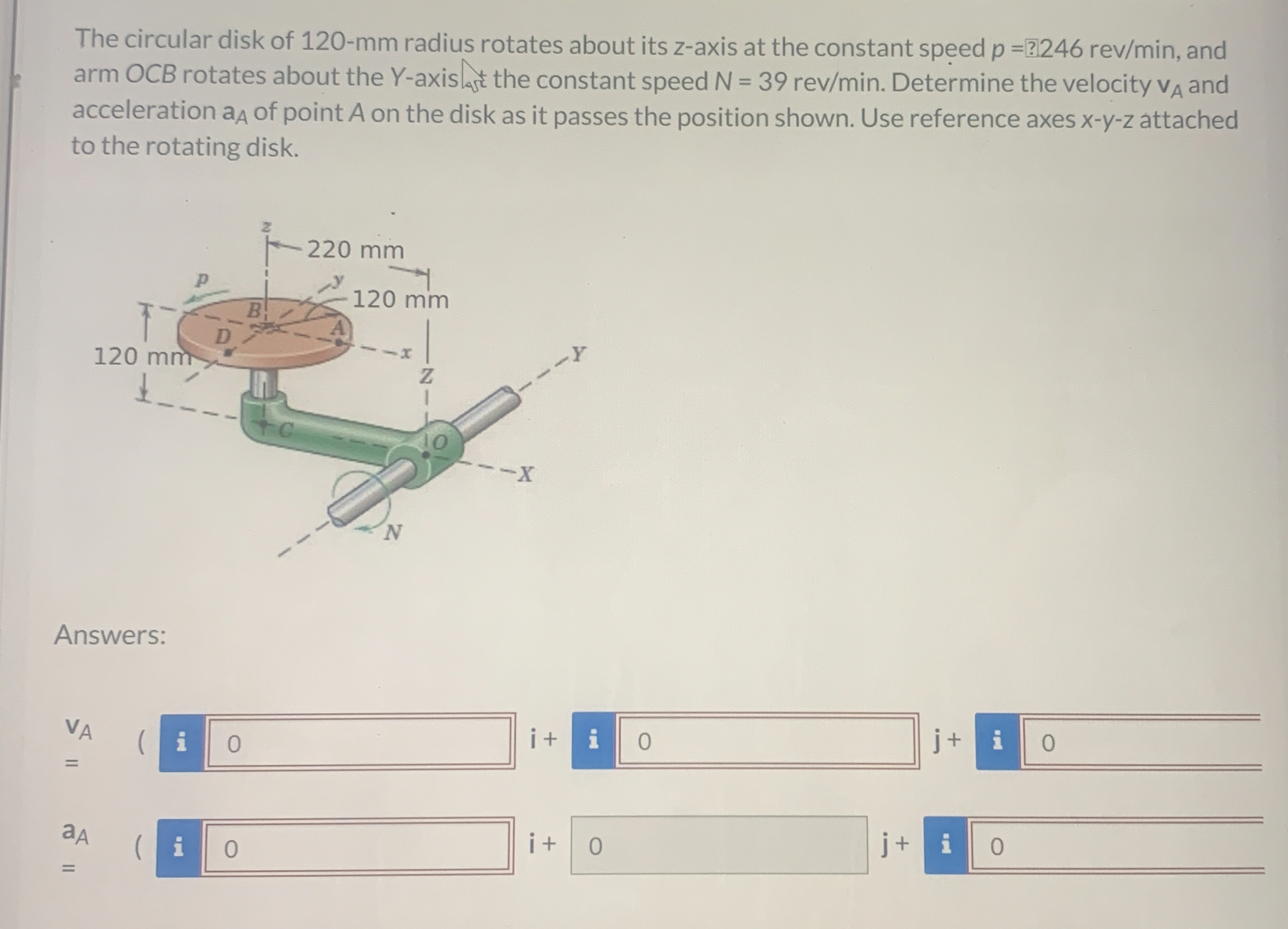 The circular disk of 1 2 0 - mm radius rotates