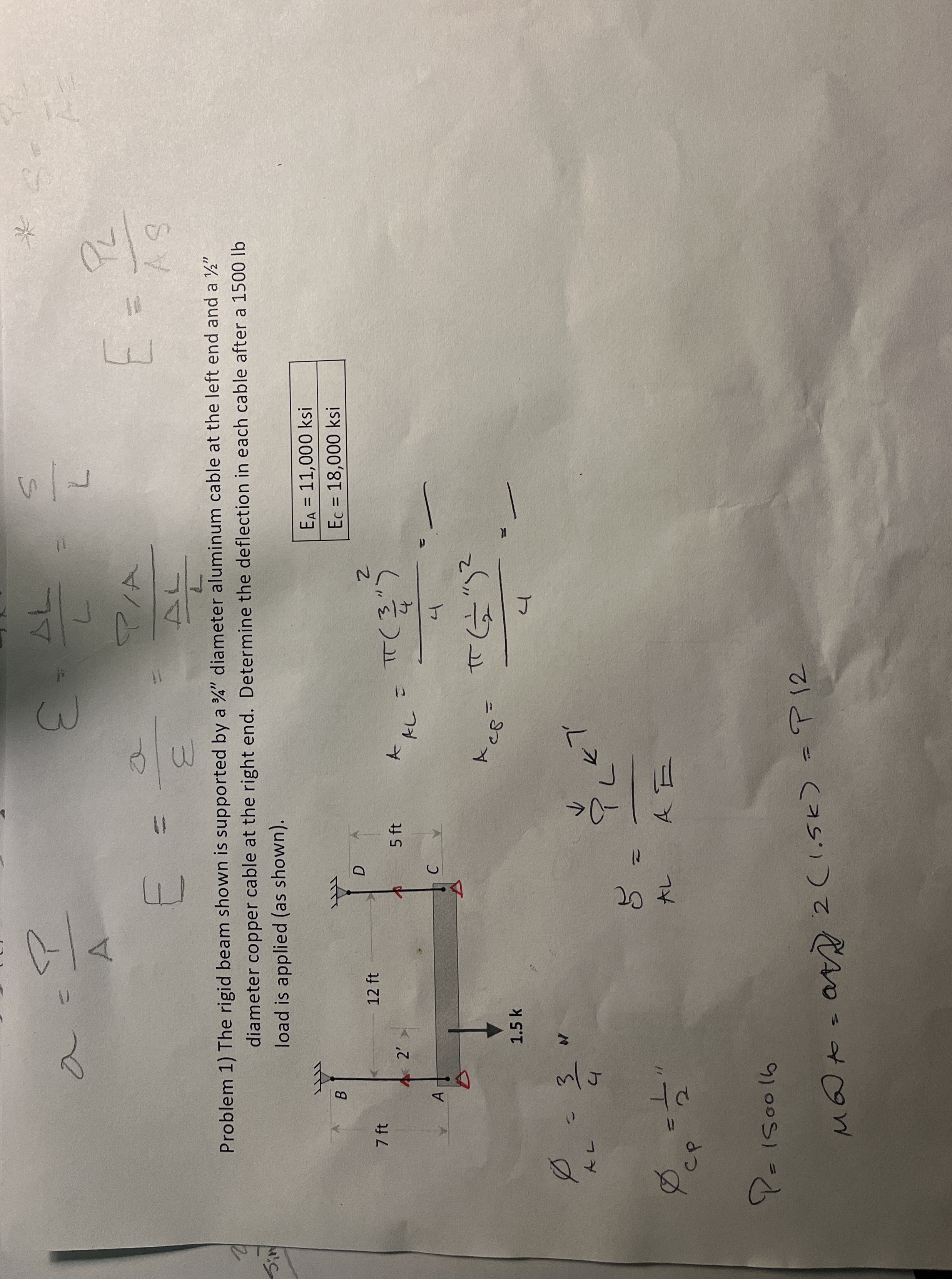 Problem 1 ) The rigid beam shown is supported by