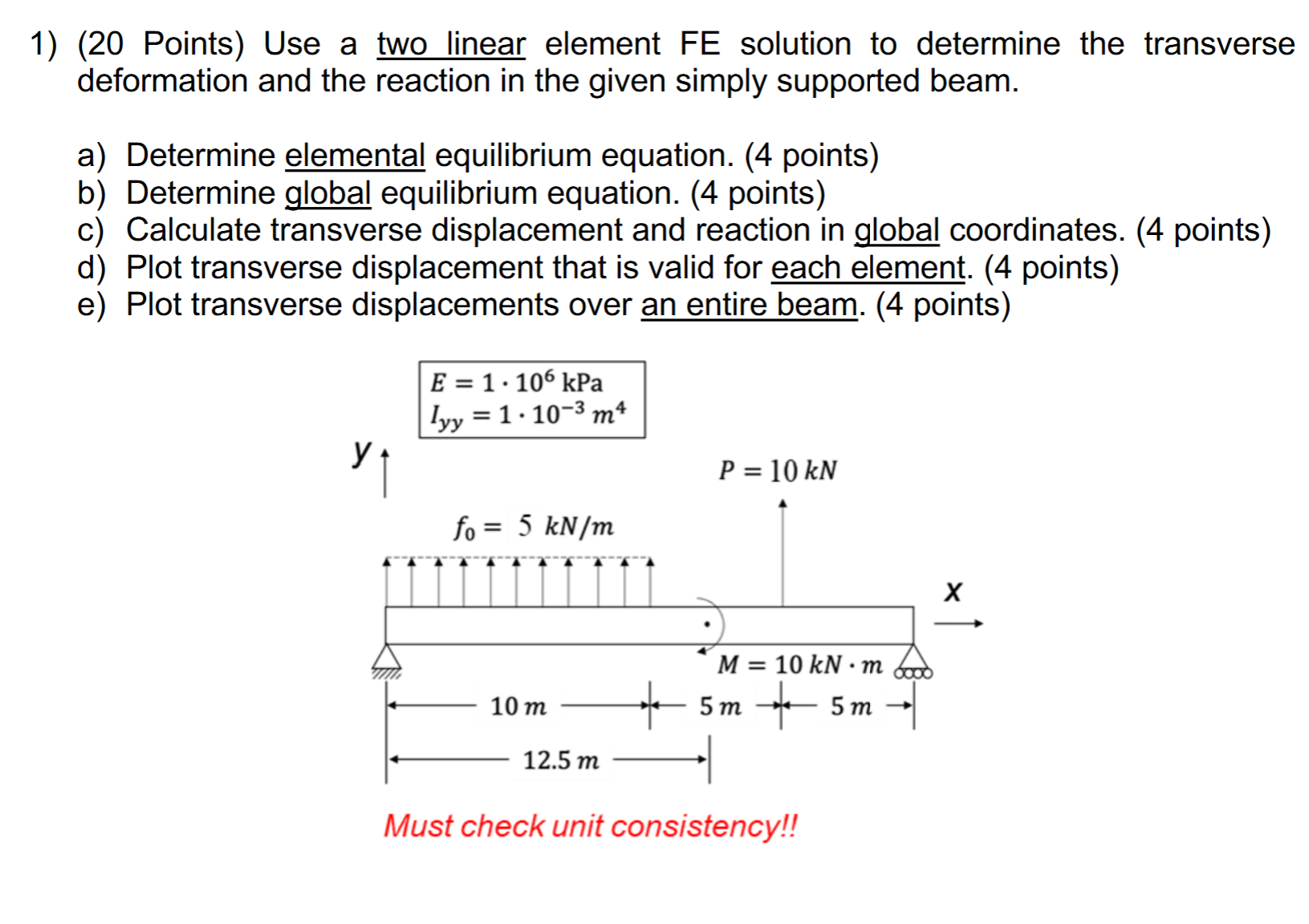 1 ) ( 2 0 Points ) Use a two linear element FE