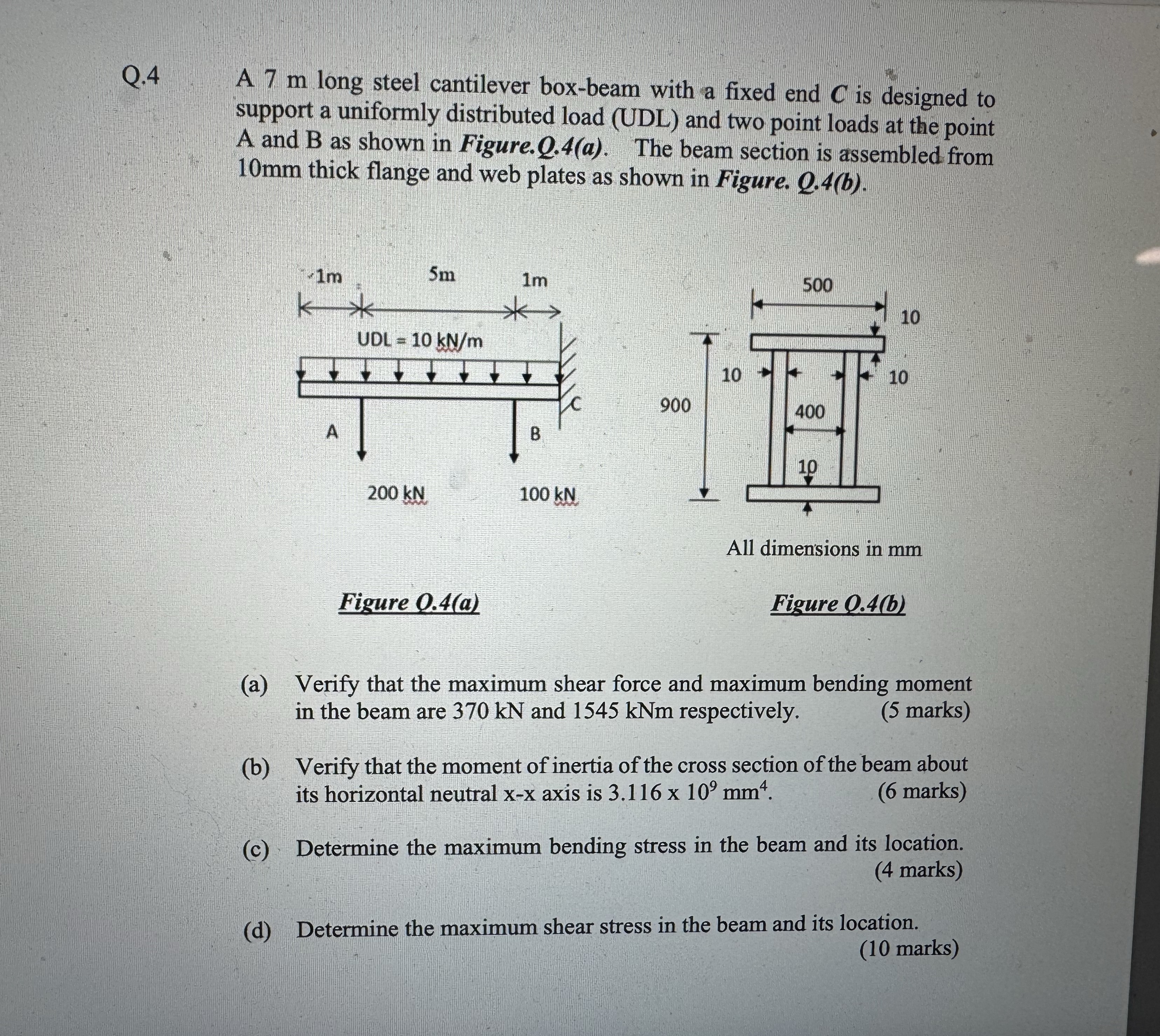 Q . 4 , A 7 m long steel cantilever box - beam