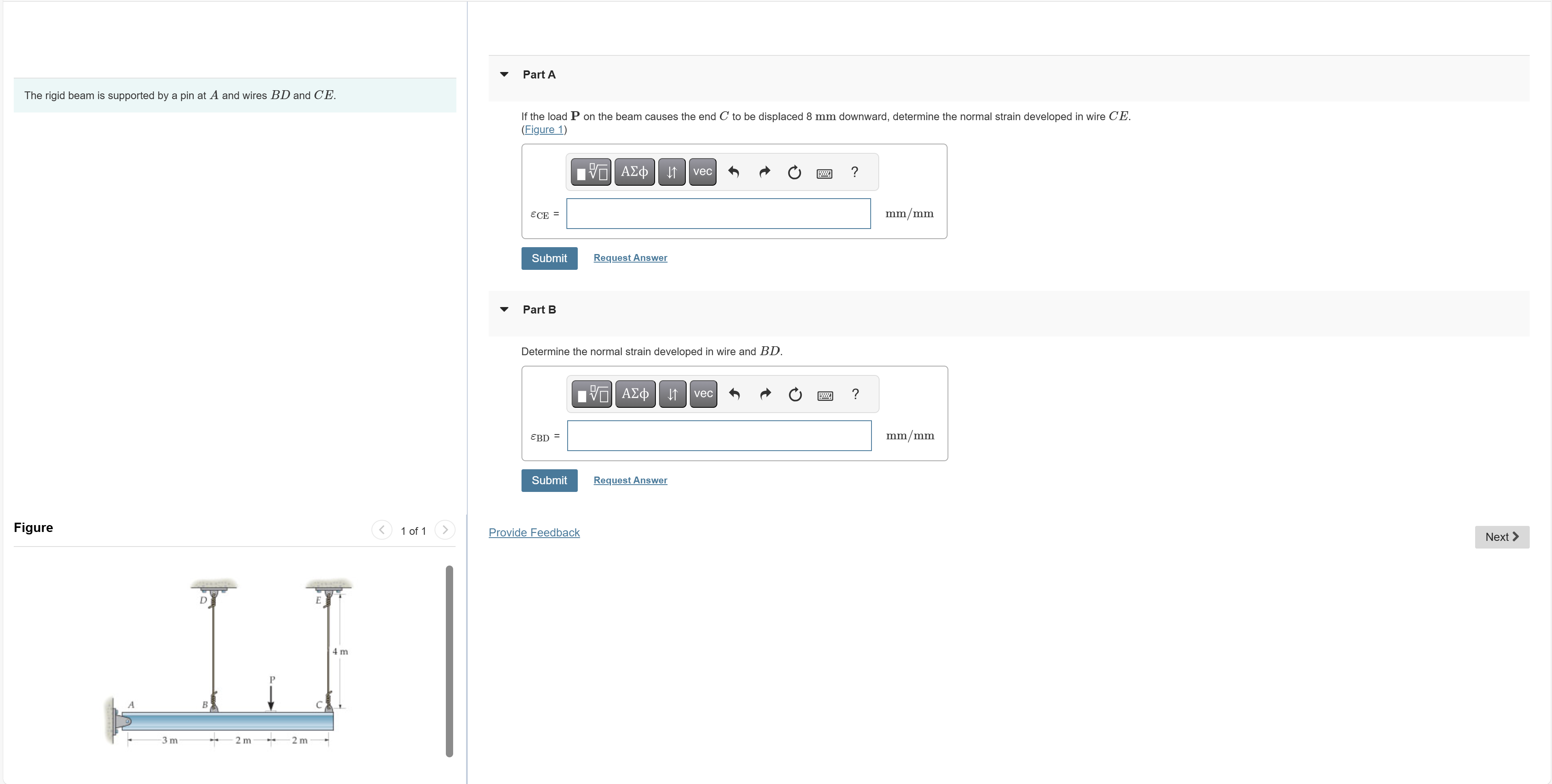 The rigid beam is supported by a pin at \ ( A \ )