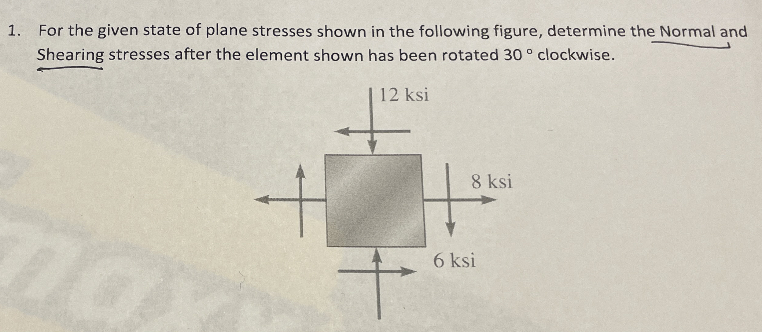 For the given state of plane stresses shown in