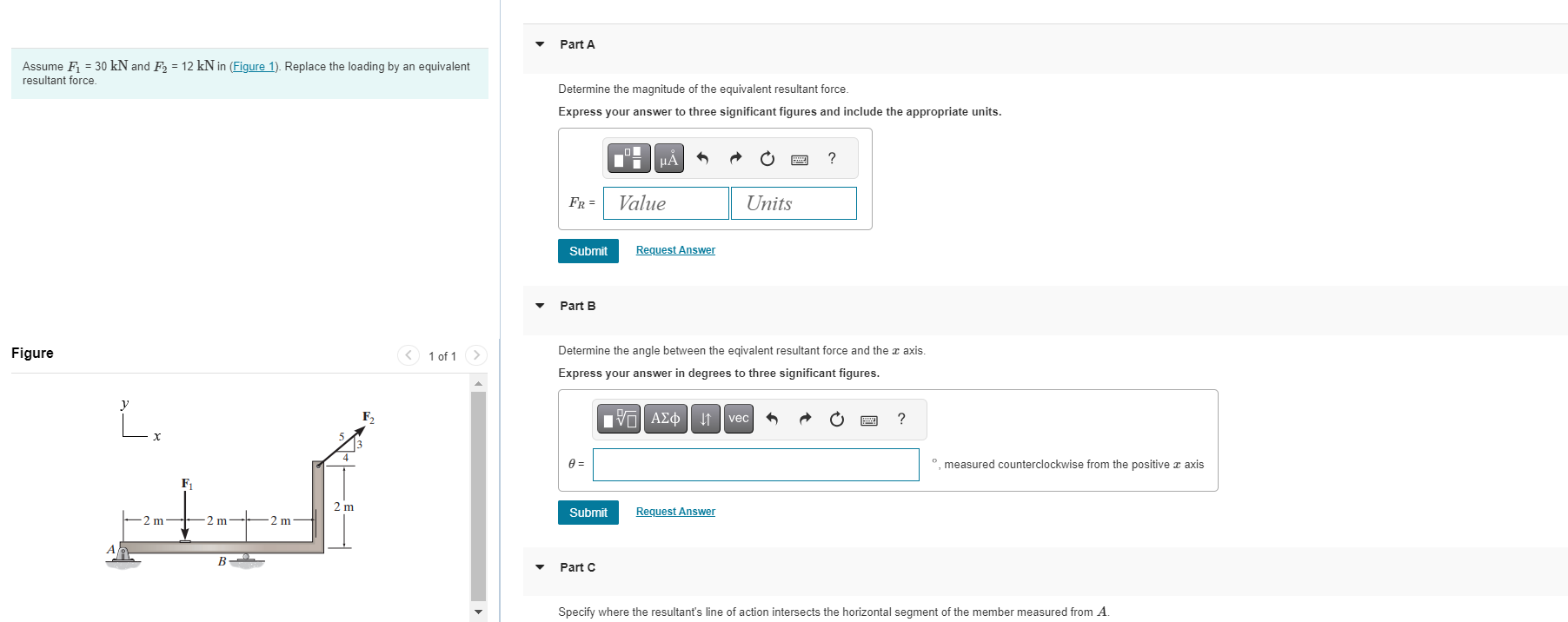 Assume \ ( F _ { 1 } = 3 0 \ mathrm { kN } \ )