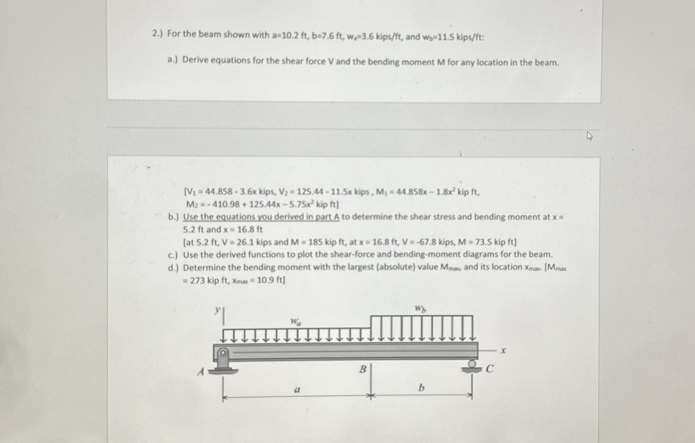 2 . ) For the beam shown with a = 1 0 . 2 f t , b
