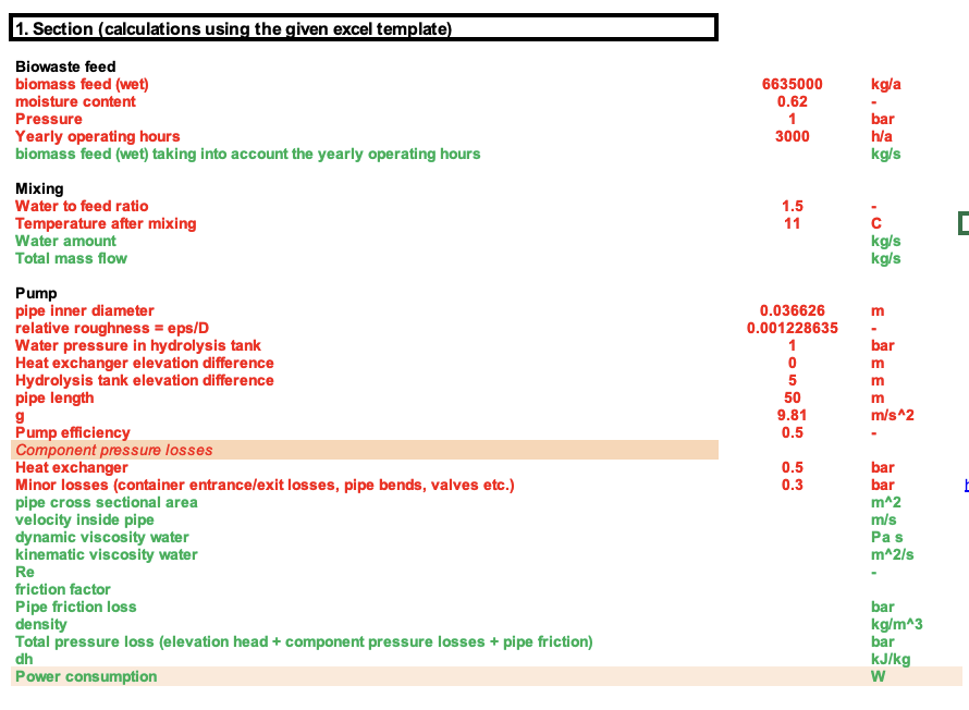 1 . Section ( calculations using the given excel