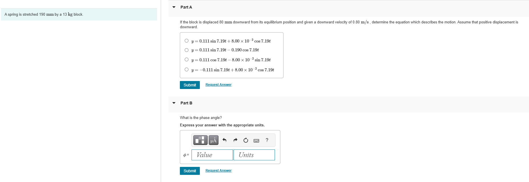 A spring is stretched 1 9 0 mm by a 1 3 kg block.