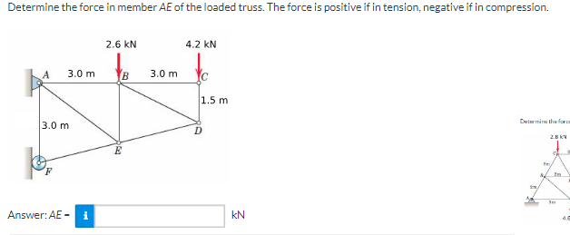 Determine the force in member \ ( A E \ ) of the