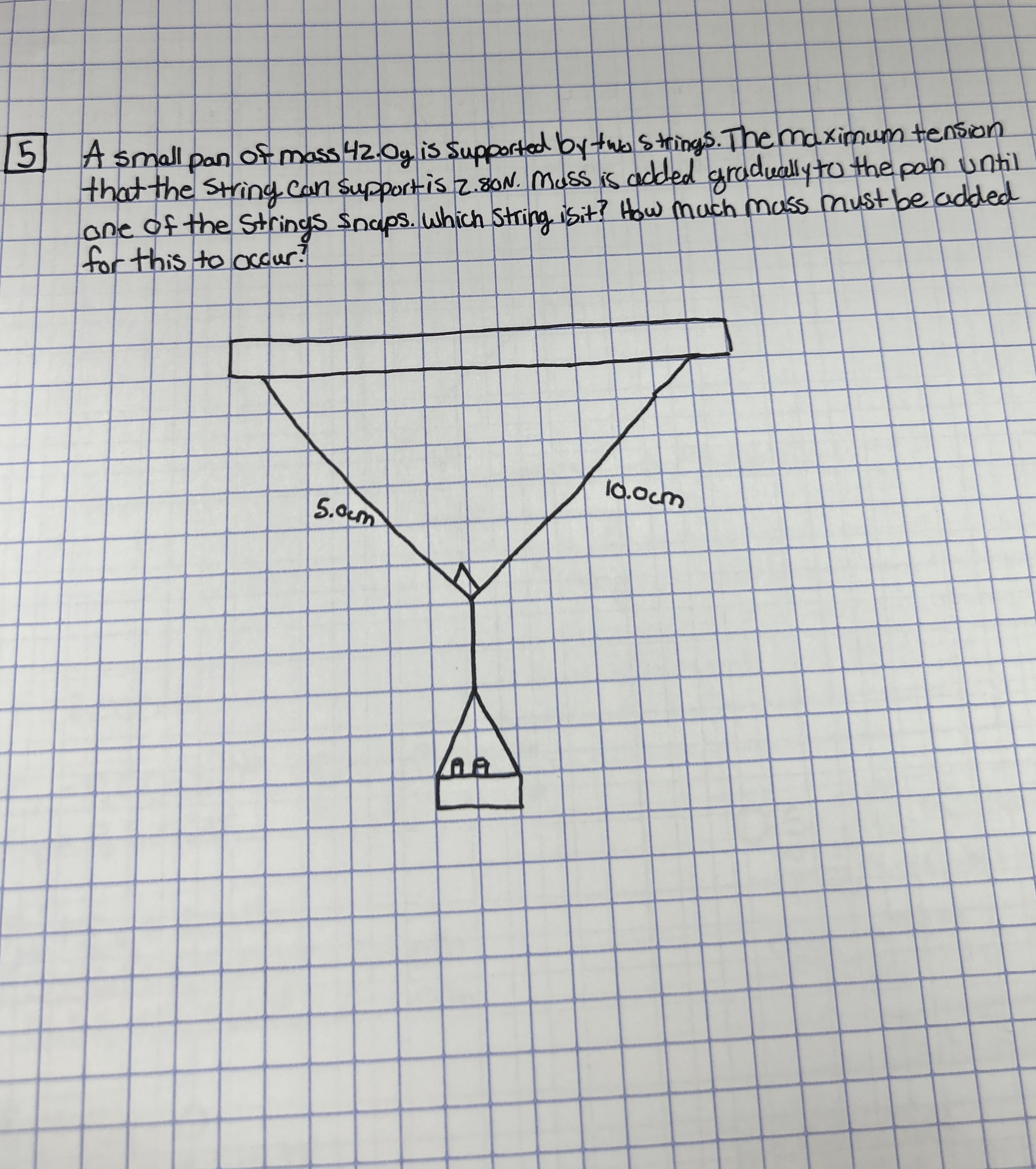 A small pan of mass 4 2 . 0 g is supportad by two