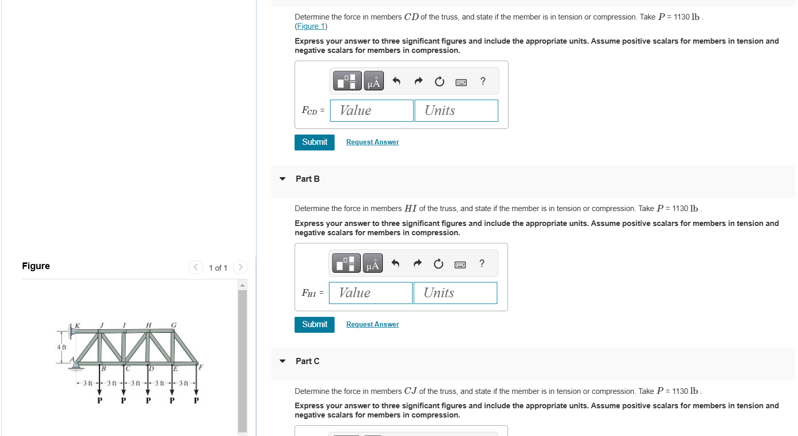 Determine the force in members \ ( C D \ ) of the