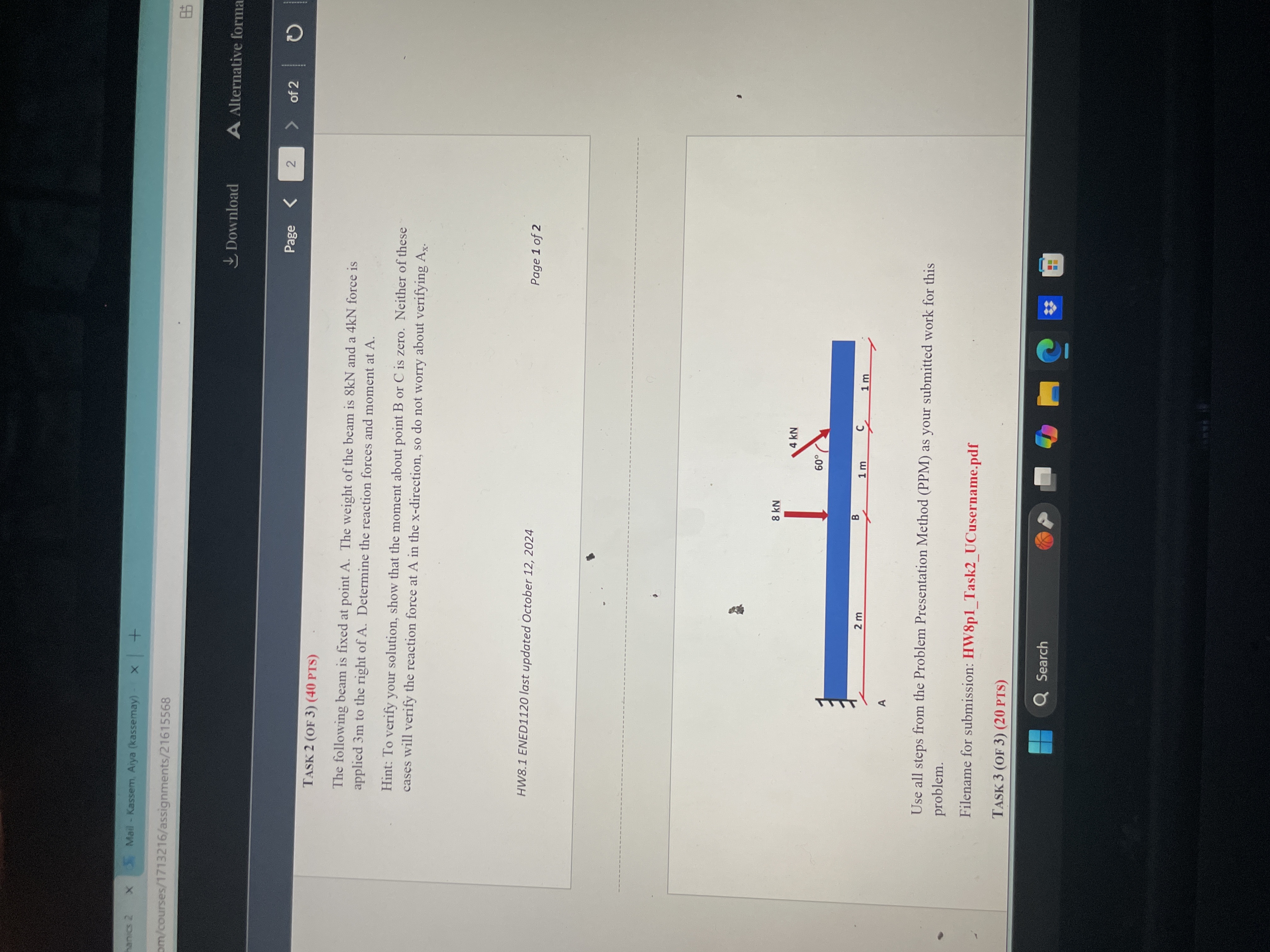 TASK 2 ( OF 3 ) ( 4 0 PTS ) The following beam is