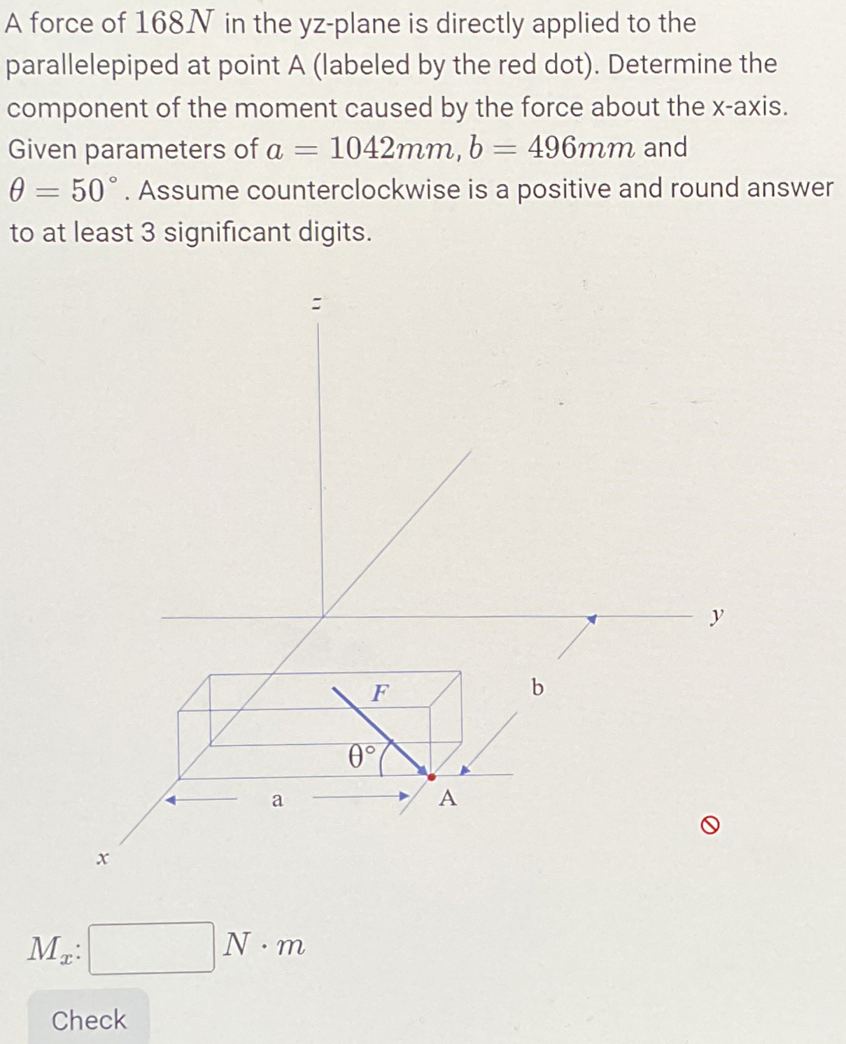 A force of 1 6 8 N in the yz - plane is directly