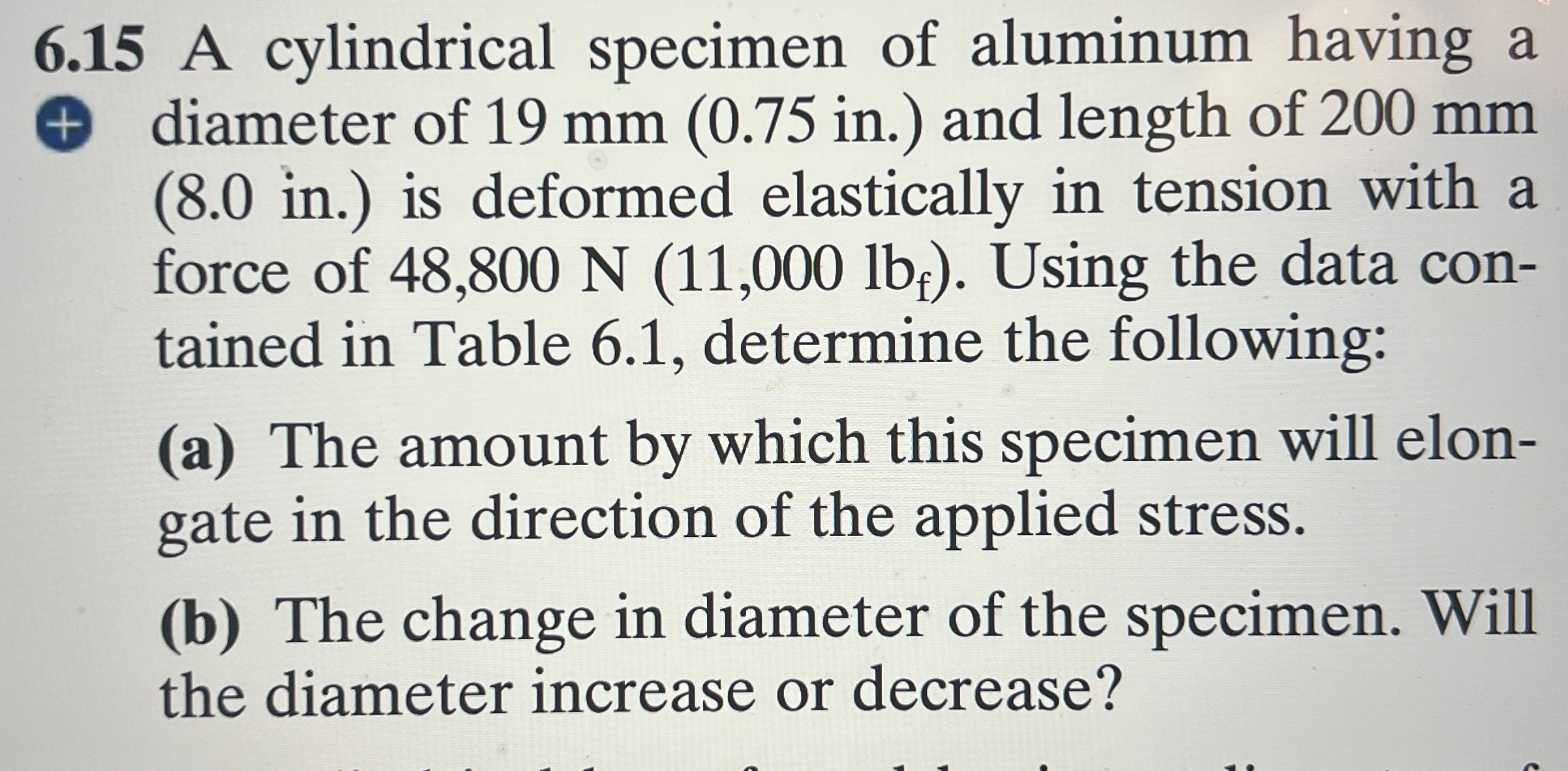 6 . 1 5 A cylindrical specimen of aluminum having