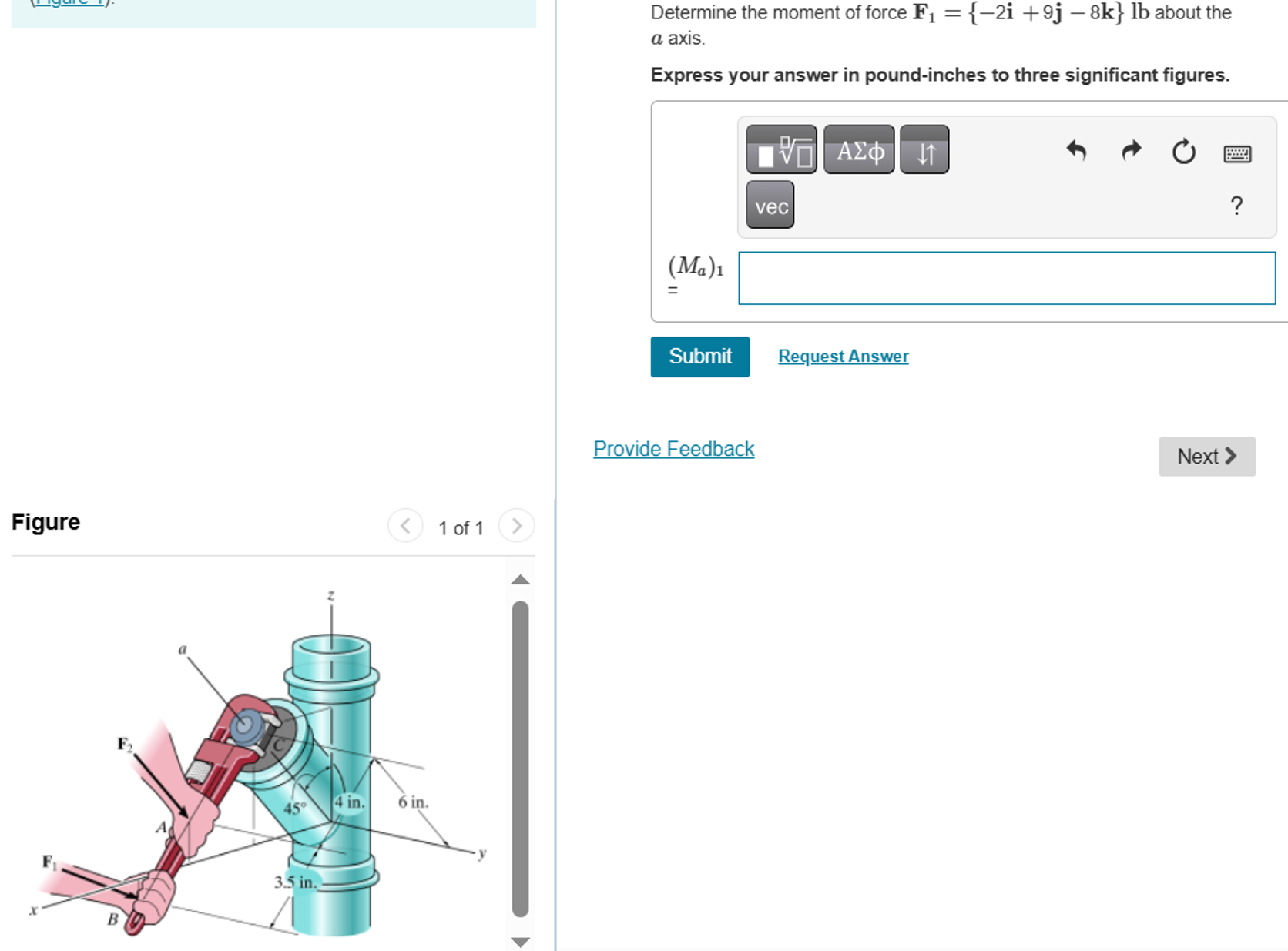 Determine the moment of force F 1 = { - 2 i + 9 j