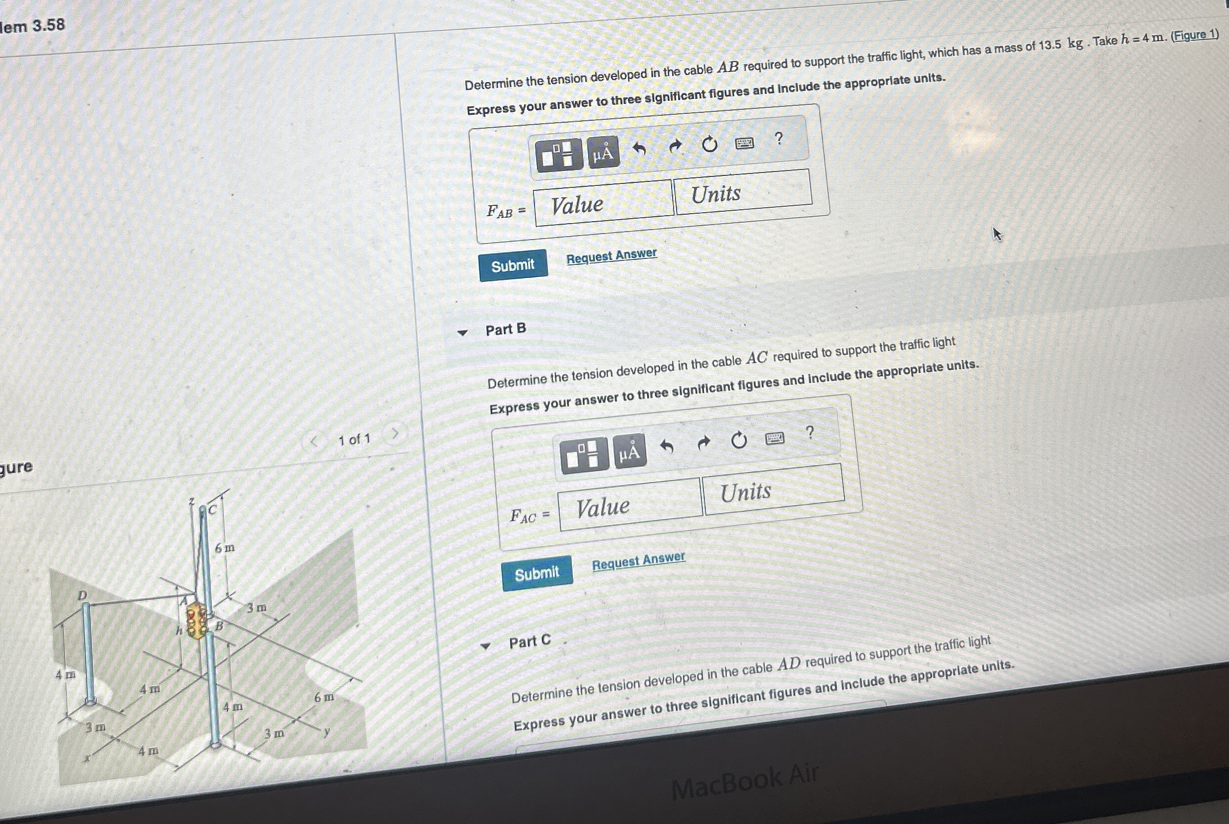 Determine the tension developed in the cable A B