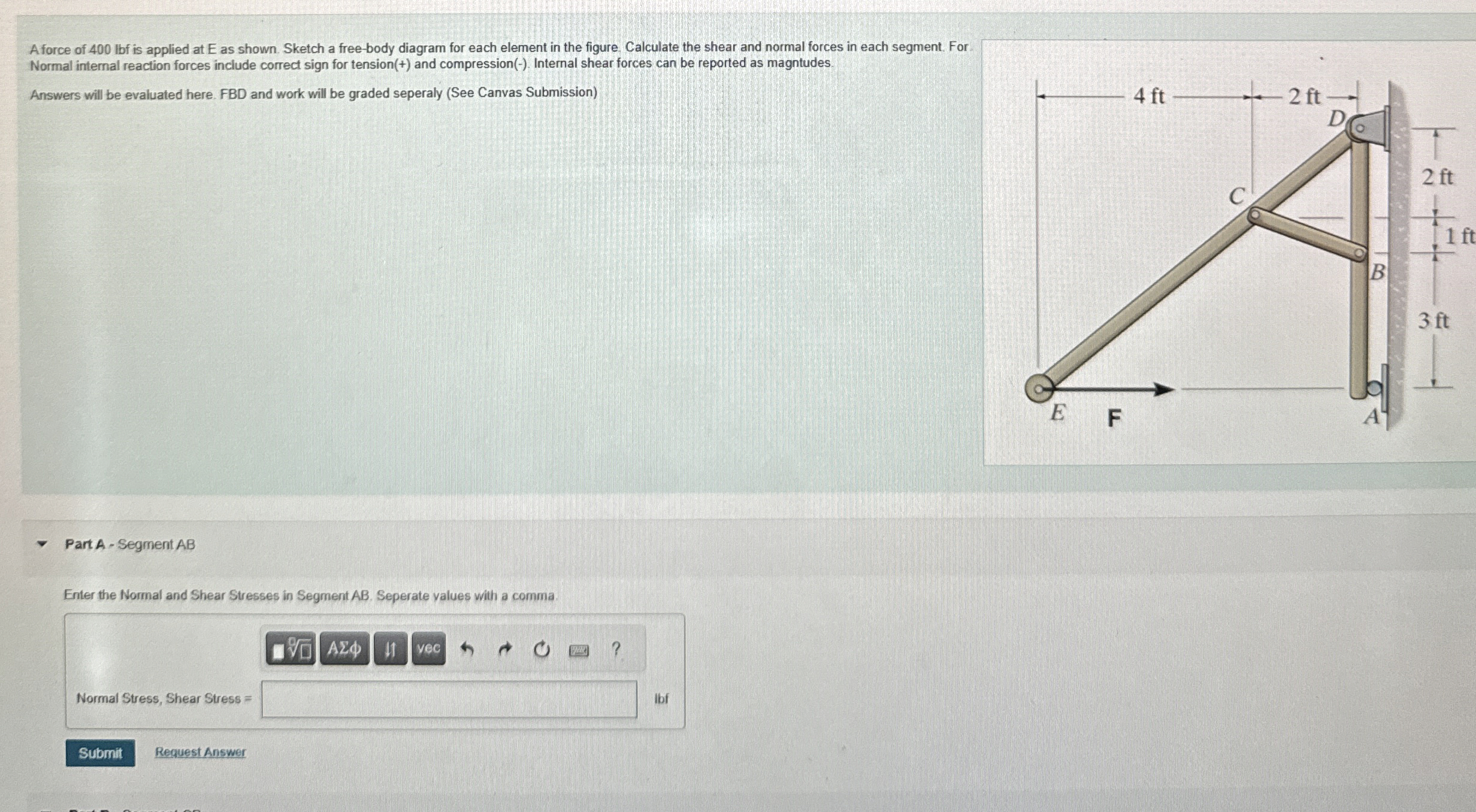 A force of 4 0 0 lbf is applied at E as shown.