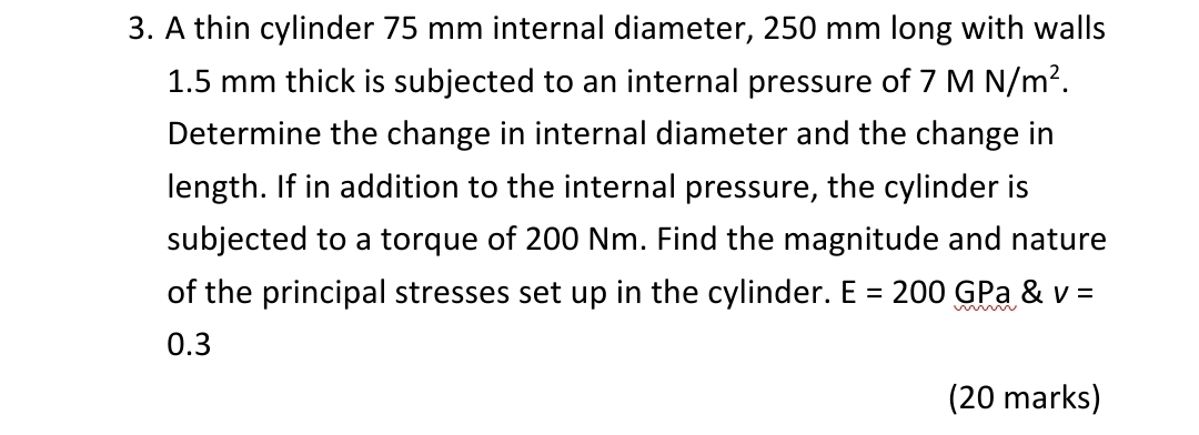 A thin cylinder 7 5 mm internal diameter, 2 5 0