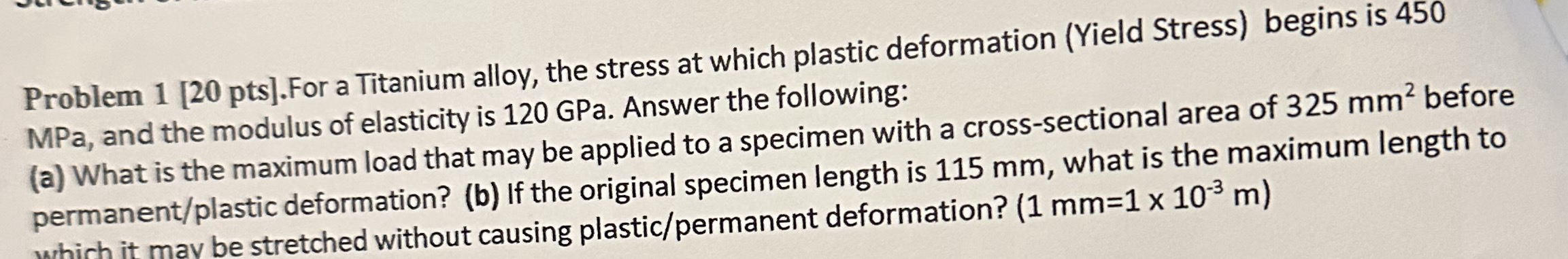 a Titanium alloy, the stress at which plastic