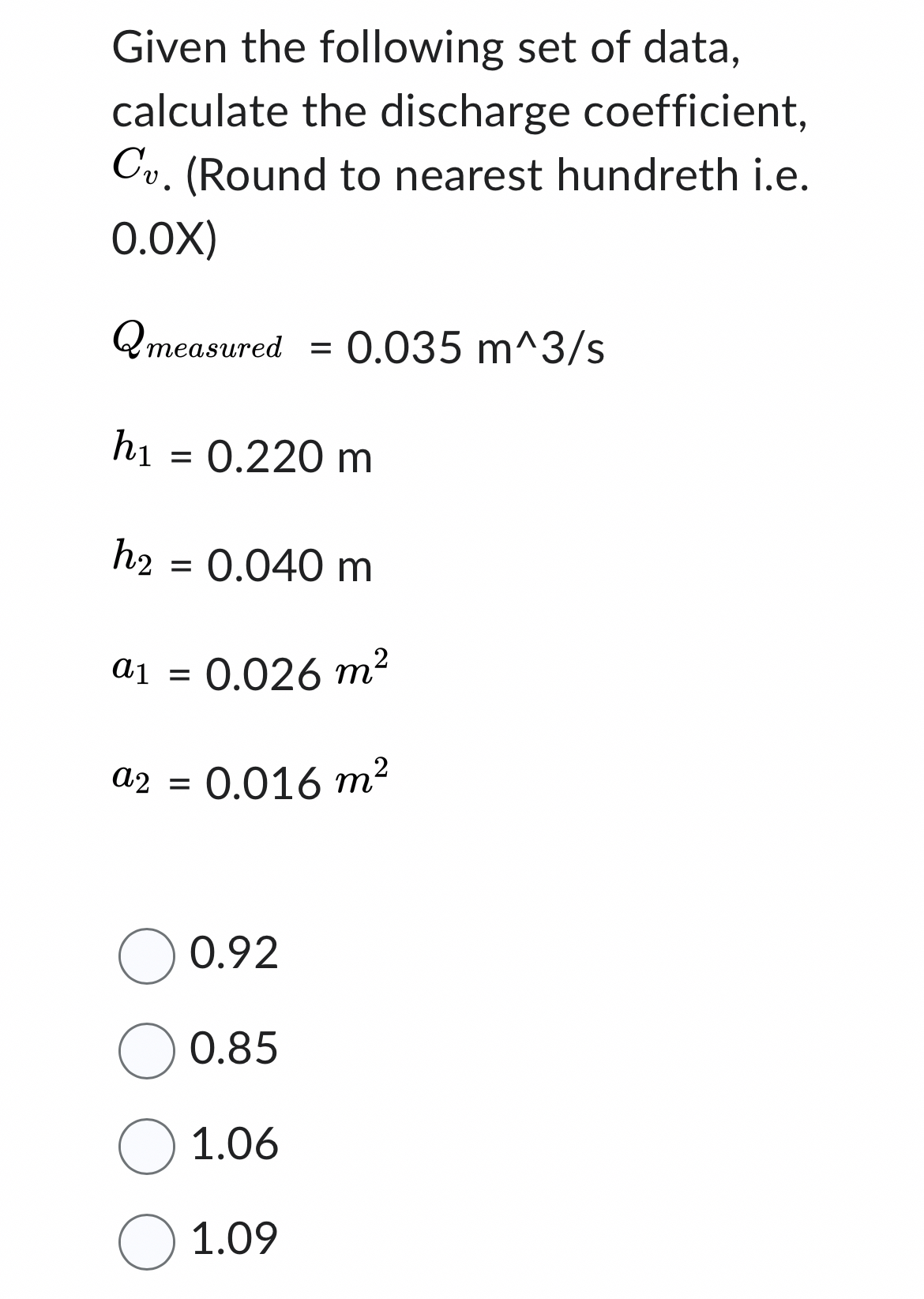 Given the following set of data, calculate the