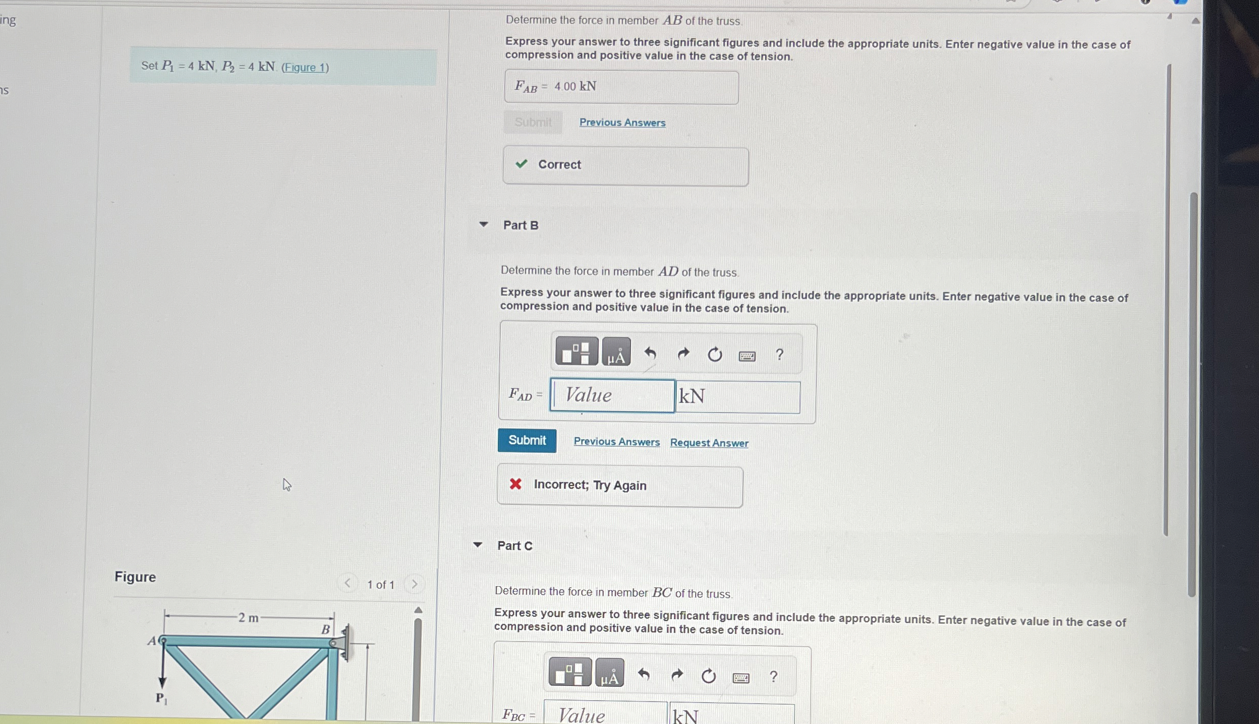 Determine the force in member A B of the truss.