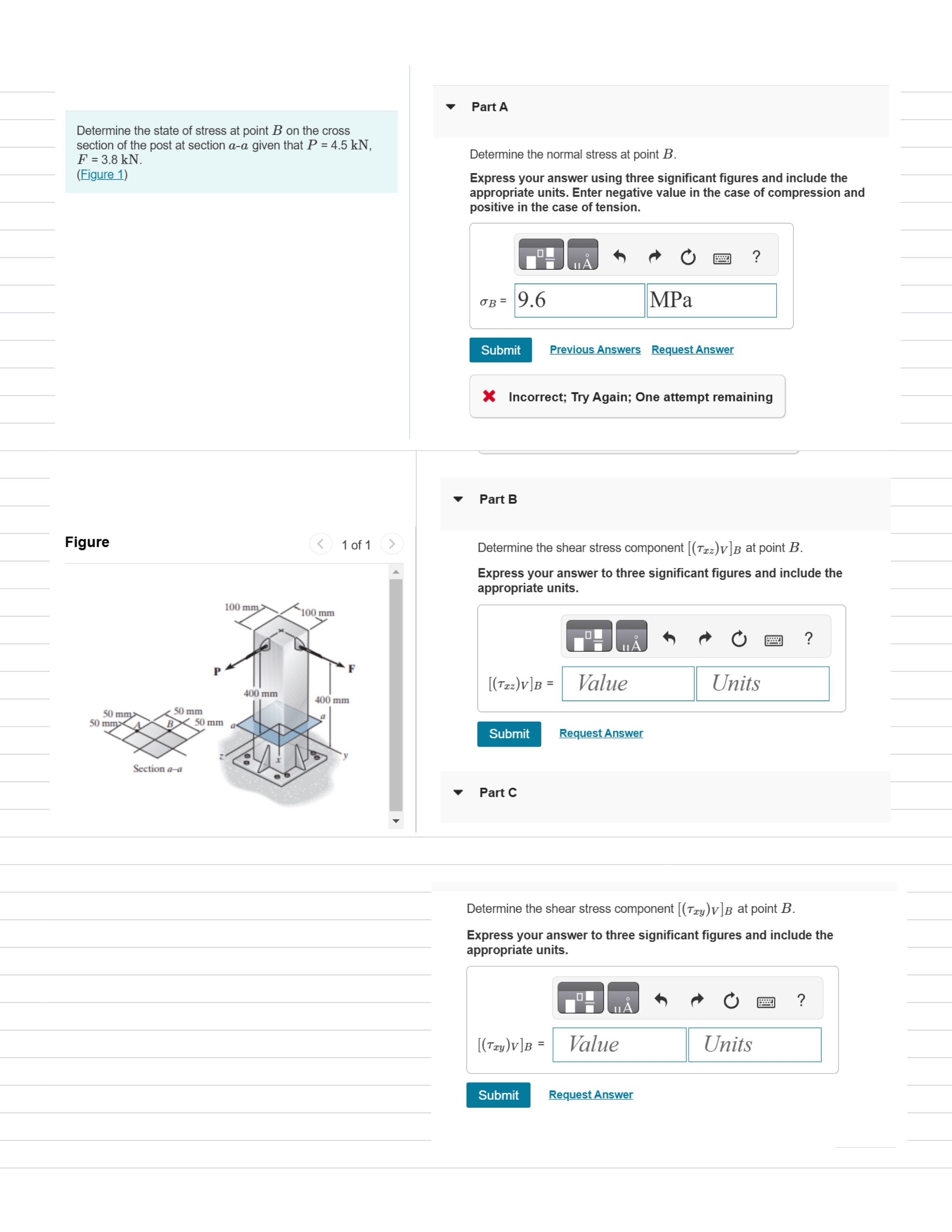 Determine the state of stress at point B on the