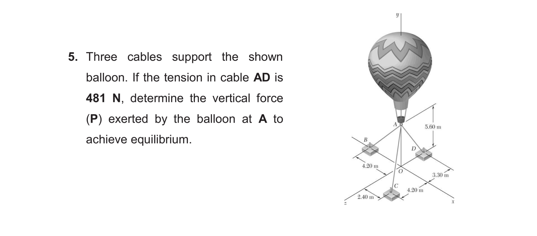Three cables suspend the shown cylinder at A . If