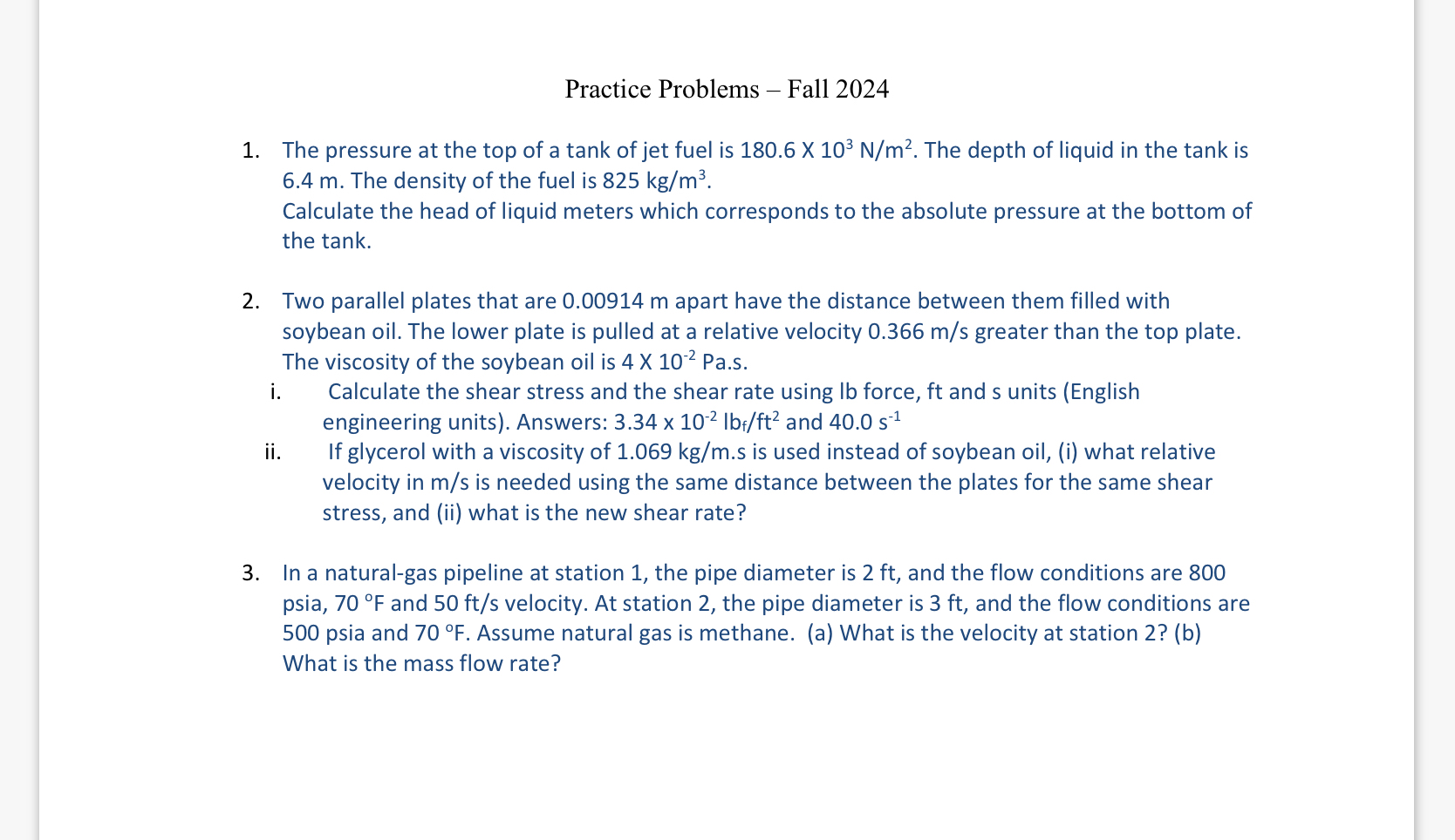 Practice Problems - Fall 2 0 2 4 The pressure at