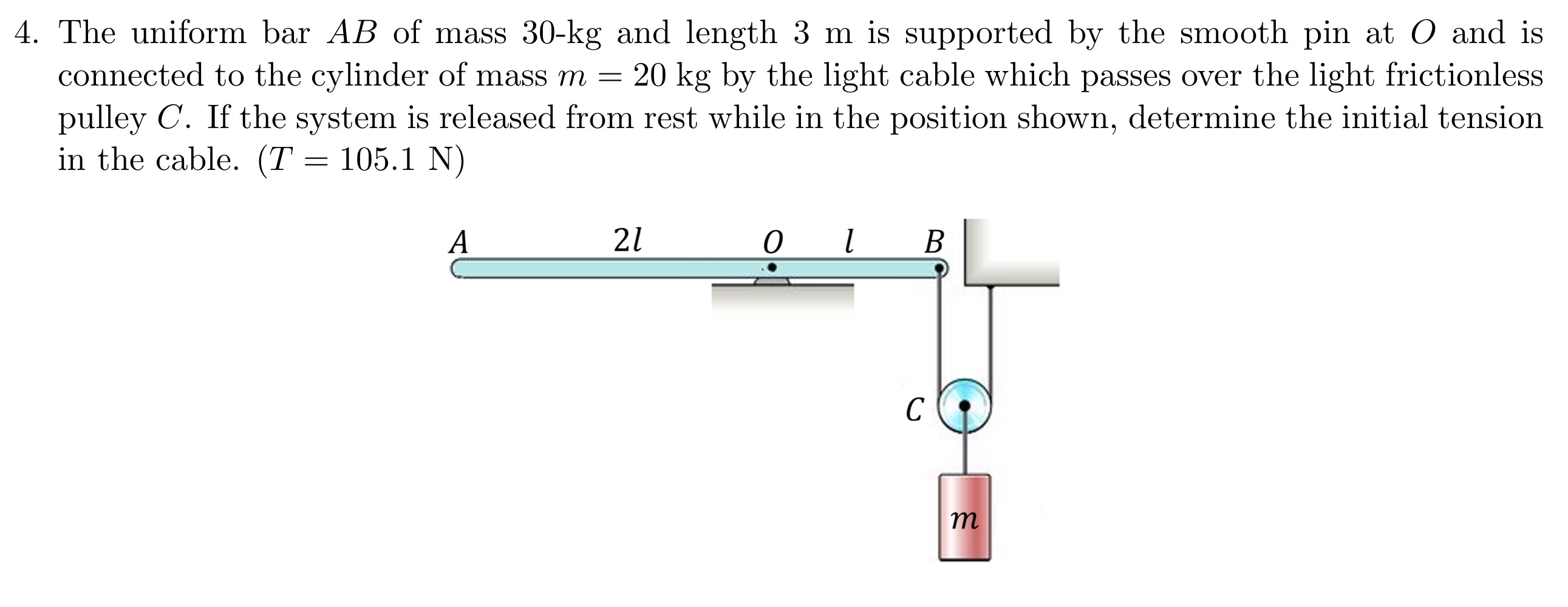 The uniform bar A B of mass 3 0 - k g and length