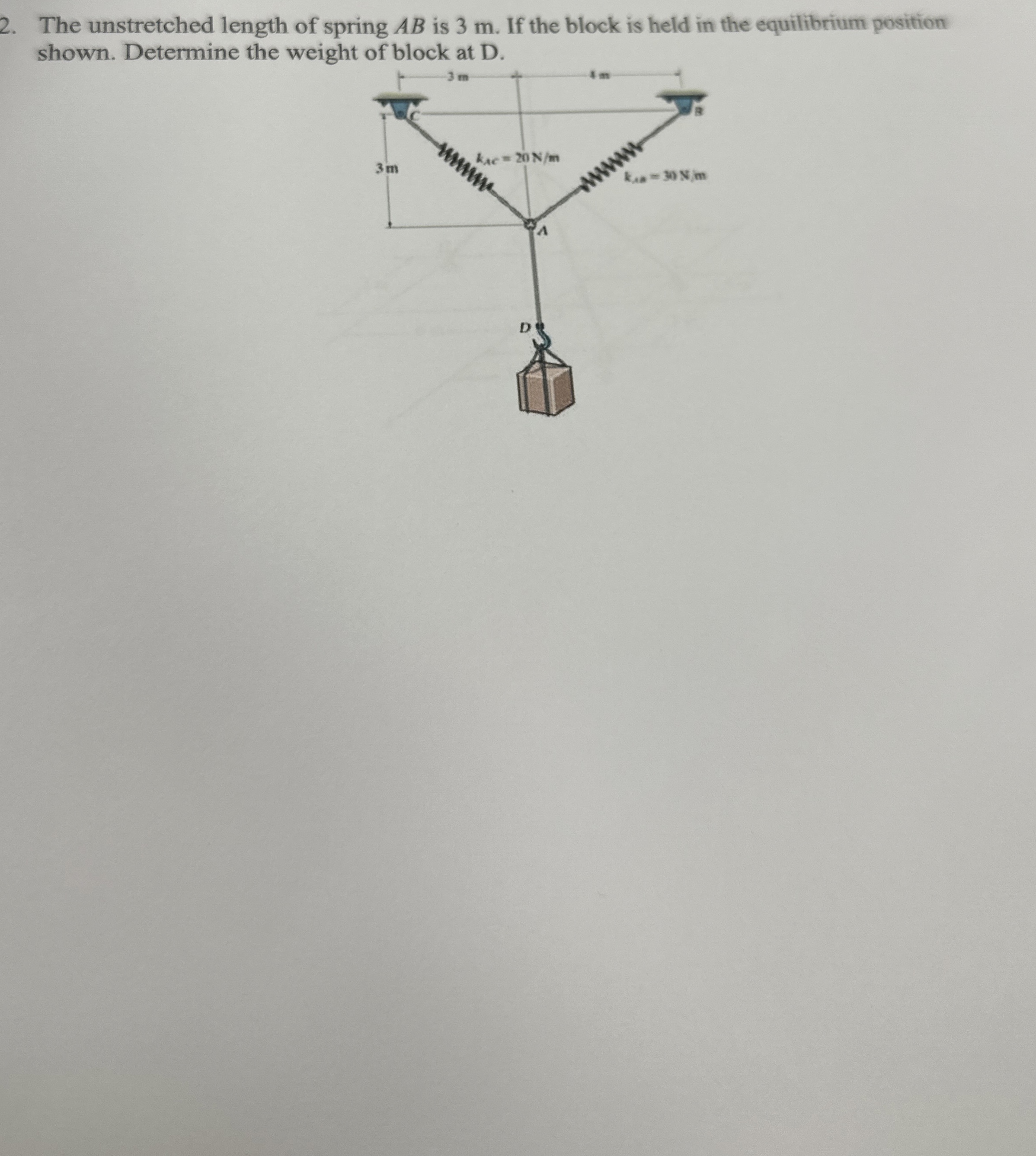 The unstretched length of spring A B is 3 m . If