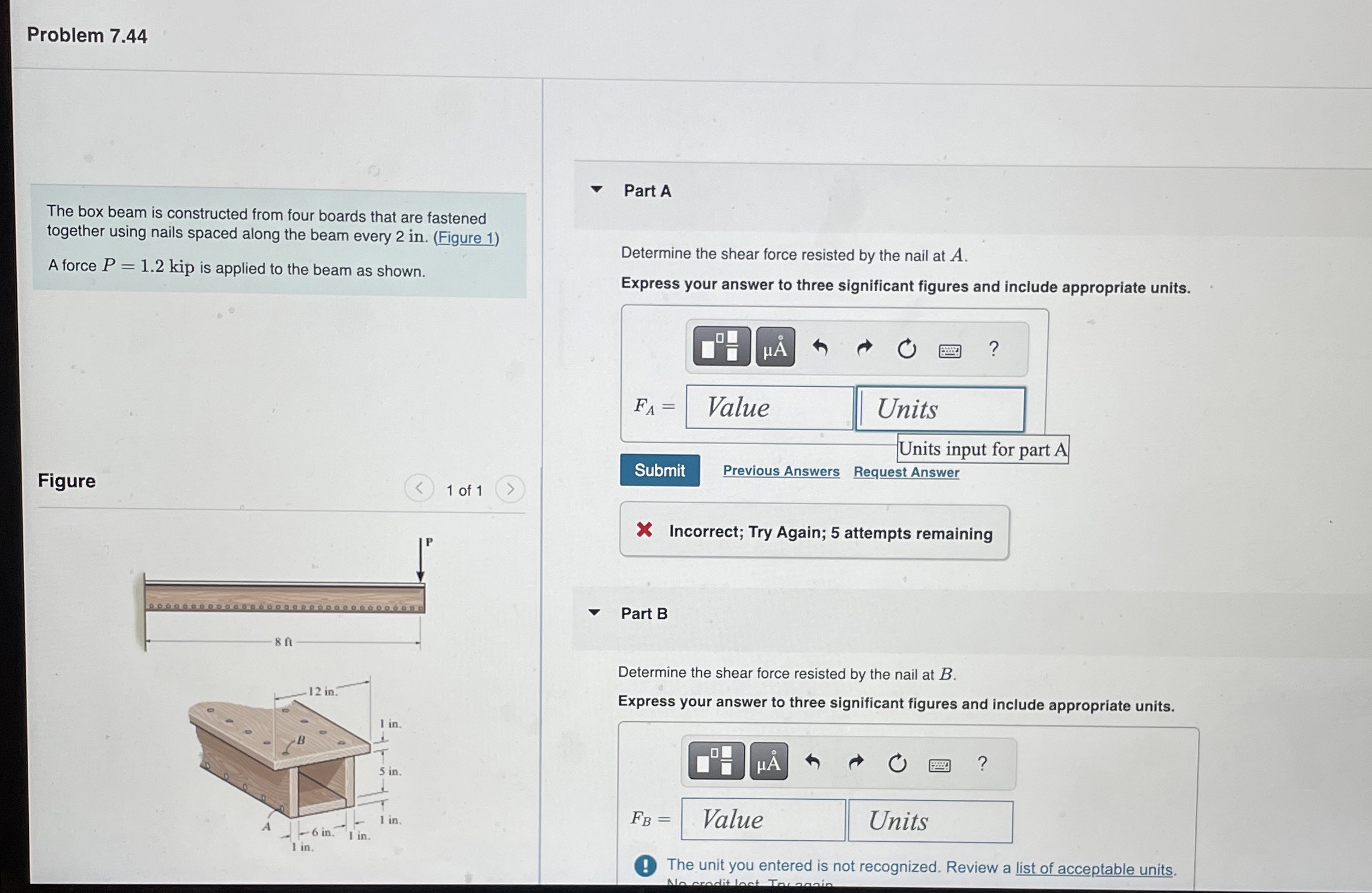 Problem 7 . 4 4 The box beam is constructed from