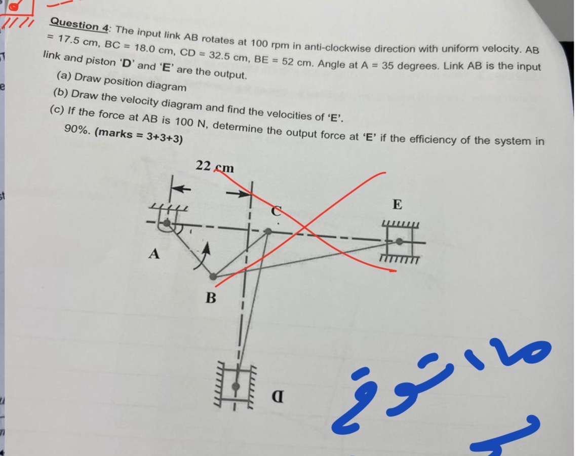 Question 4 : The input link A B rotates at 1 0 0