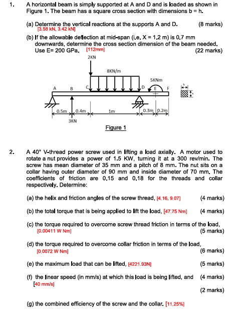 1 . A horizontal beam is simply supported at A
