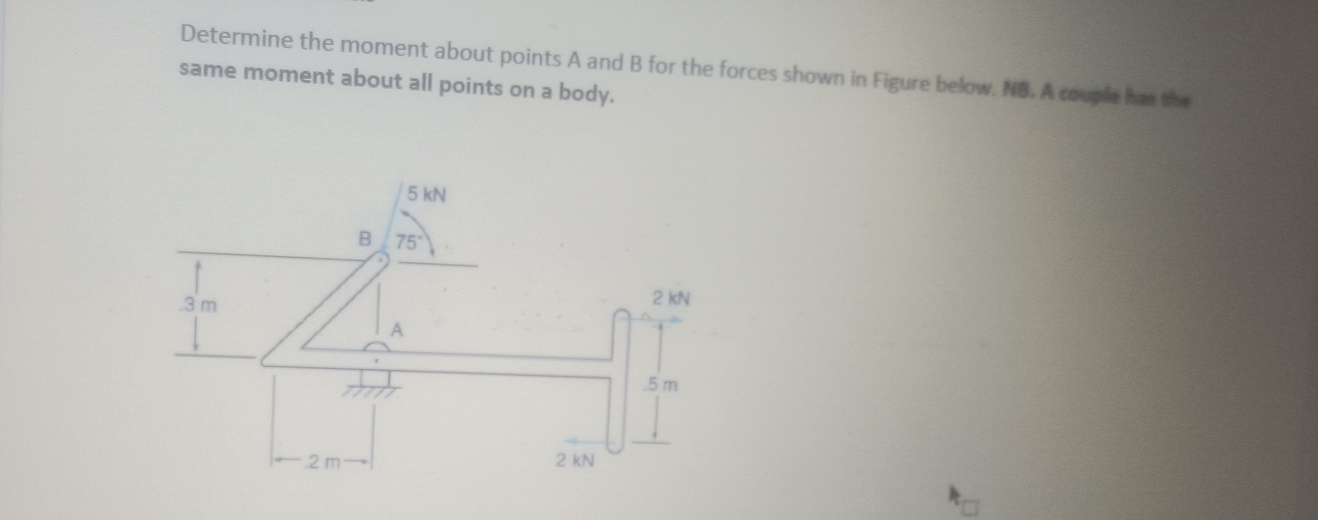 Determine the moment about points A and B for the