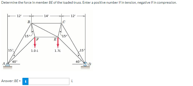 Determine the force in member \ ( B E \ ) of the