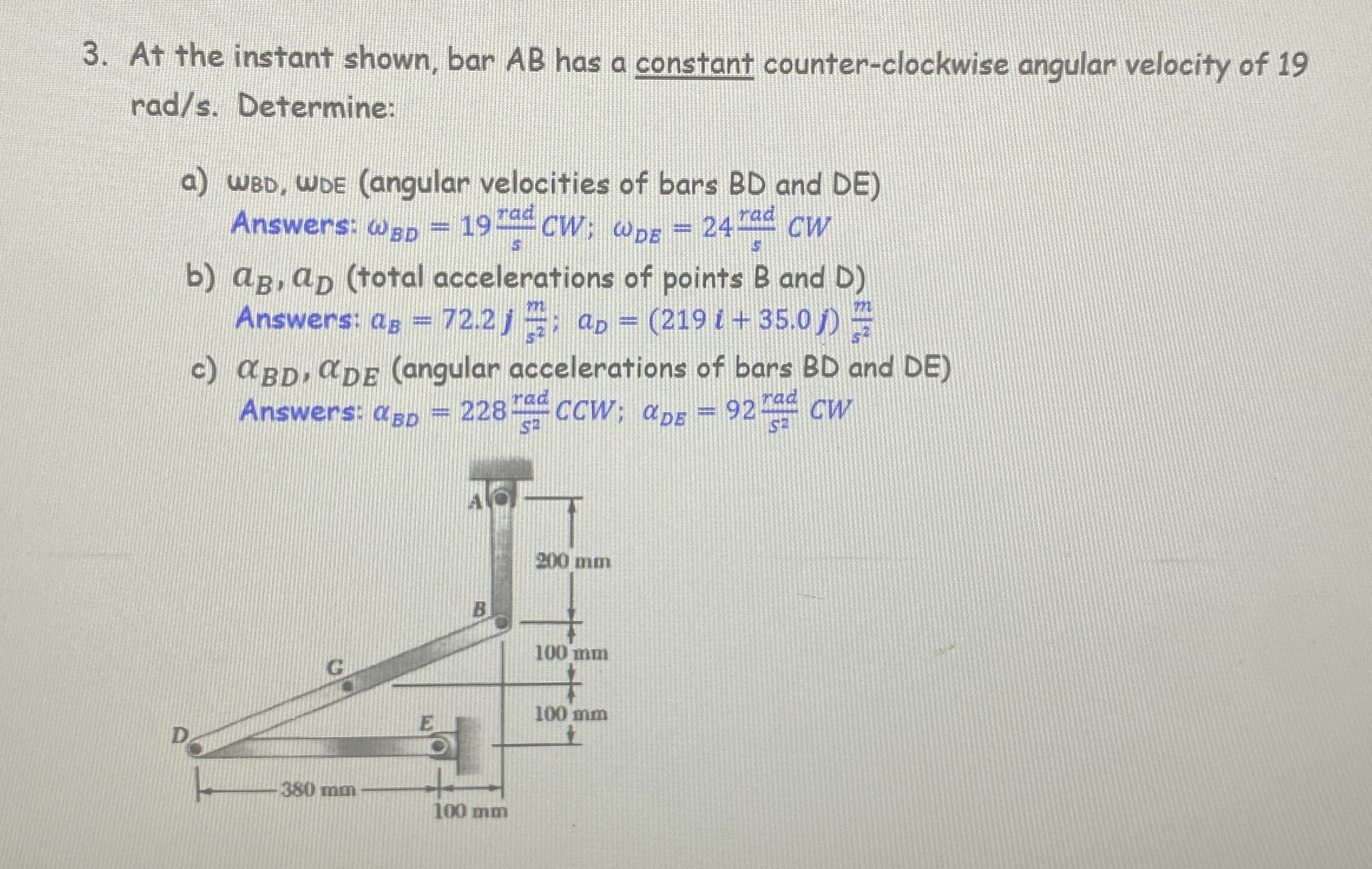 At the instant shown, bar A B has a constant