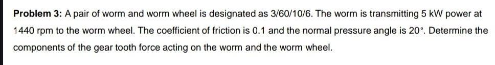 Problem 3 : A pair of worm and worm wheel is