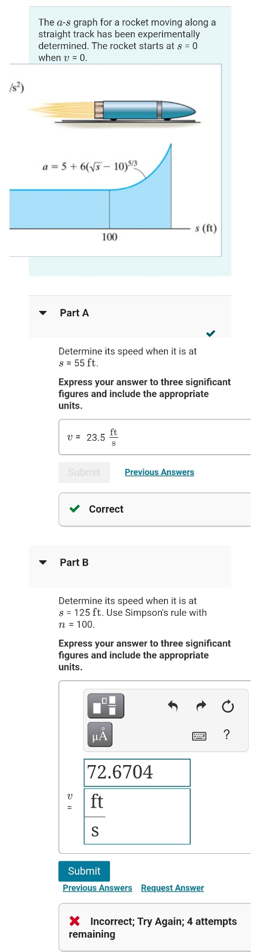The a - s graph for a rocket moving along a