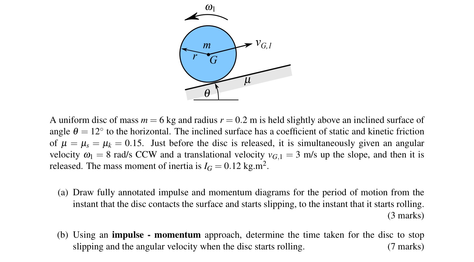 A uniform disc of mass m = 6 k g and radius r = 0