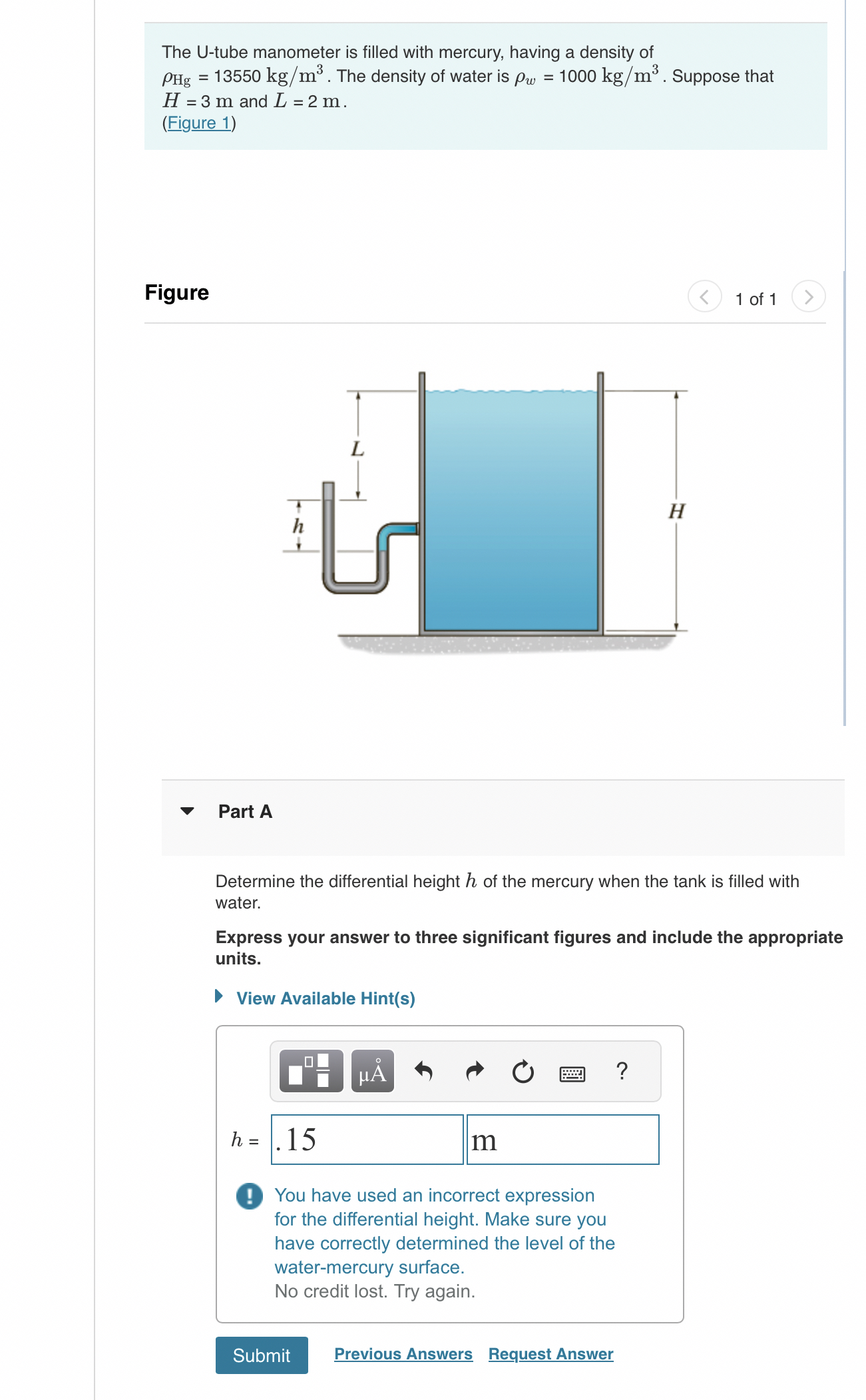 The U - tube manometer is filled with mercury,