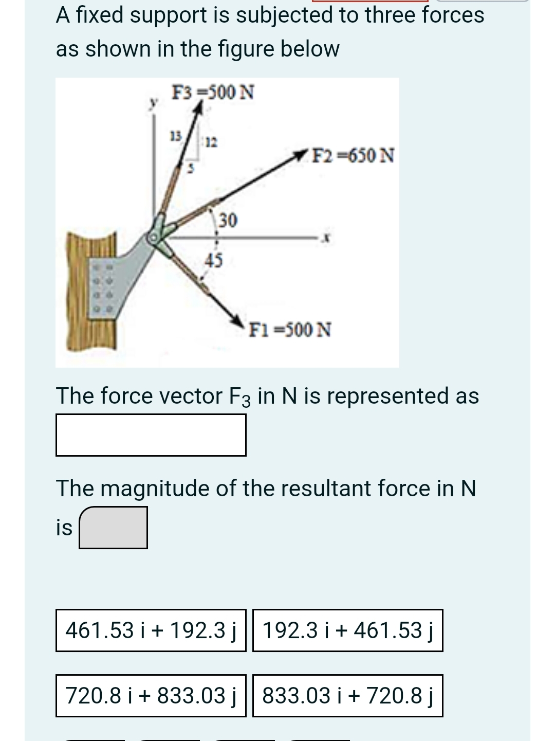 A fixed support is subjected to three forces as