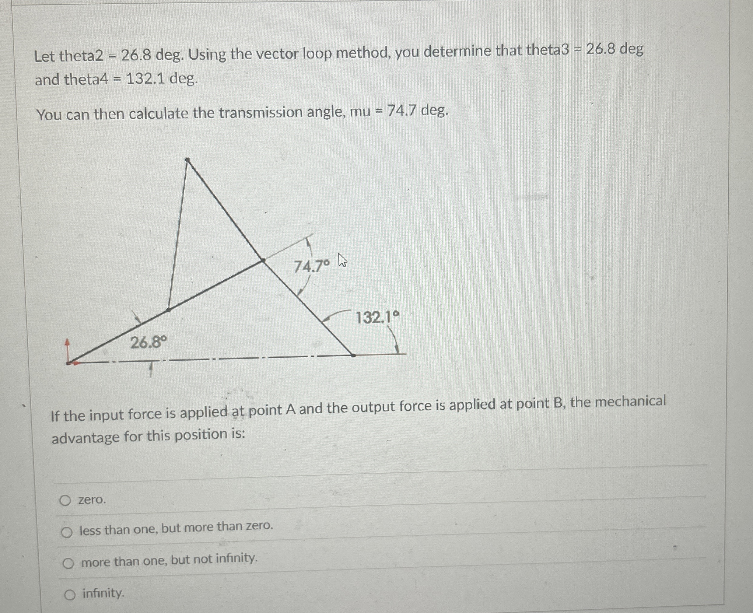 Let theta 2 = 2 6 . 8 deg. Using the vector loop