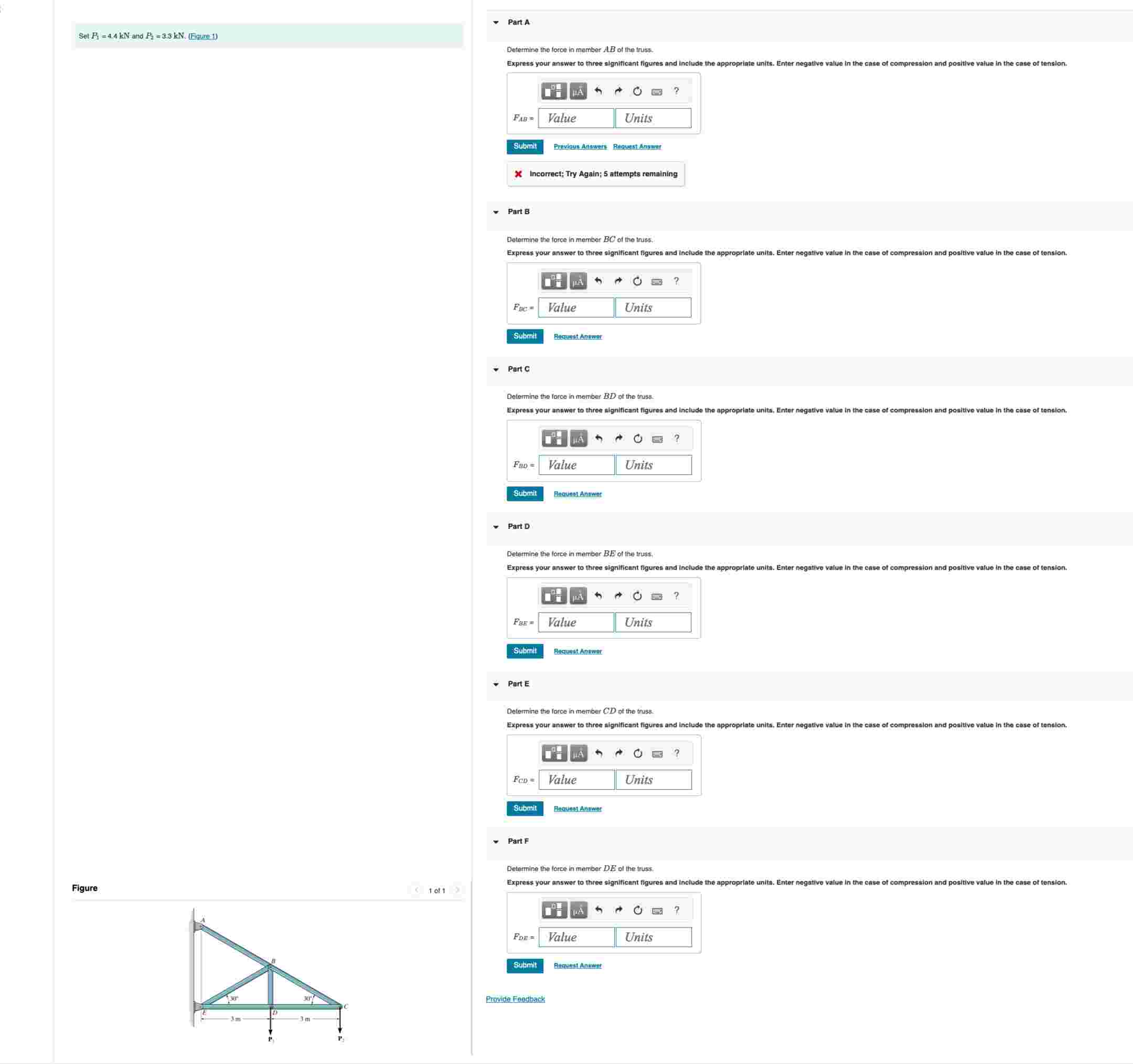 Set \ ( P _ { 1 } = 4 . 4 \ mathrm { kN } \ ) and