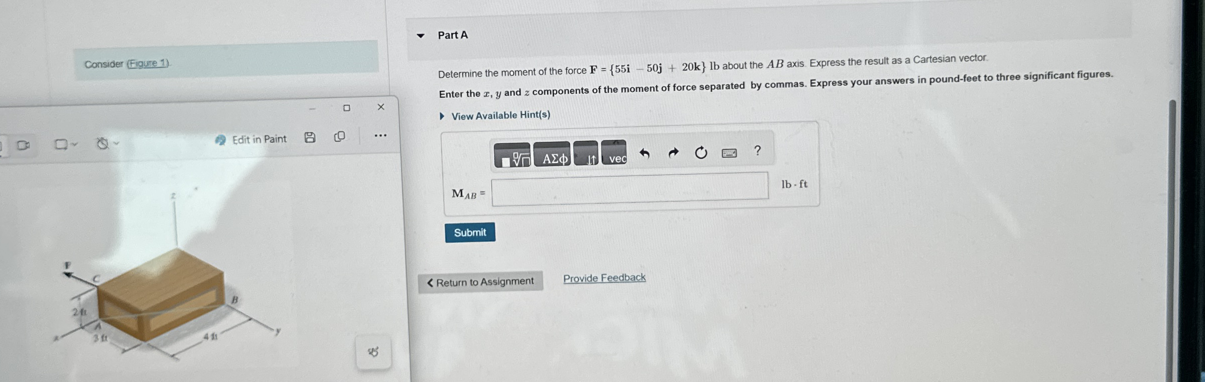 Determine the moment of the force F = { 5 5 i - 5