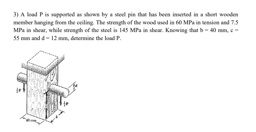 A load P is supported as shown by a steel pin