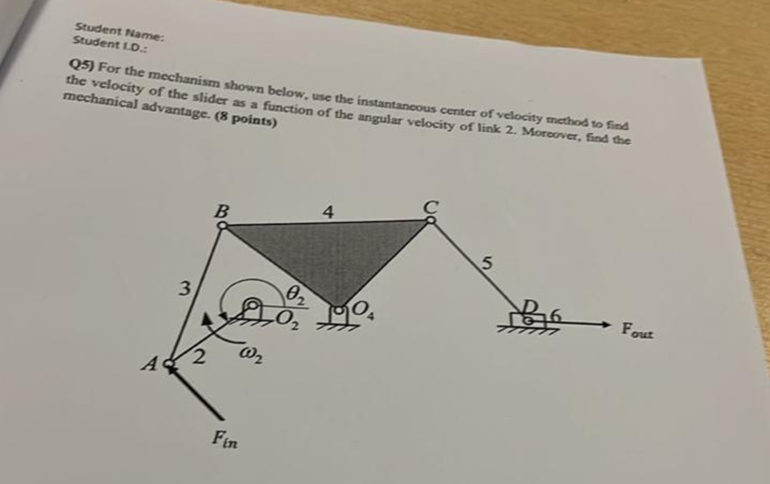 Student Name: Student Lo: Q 5 ) For the mechanism